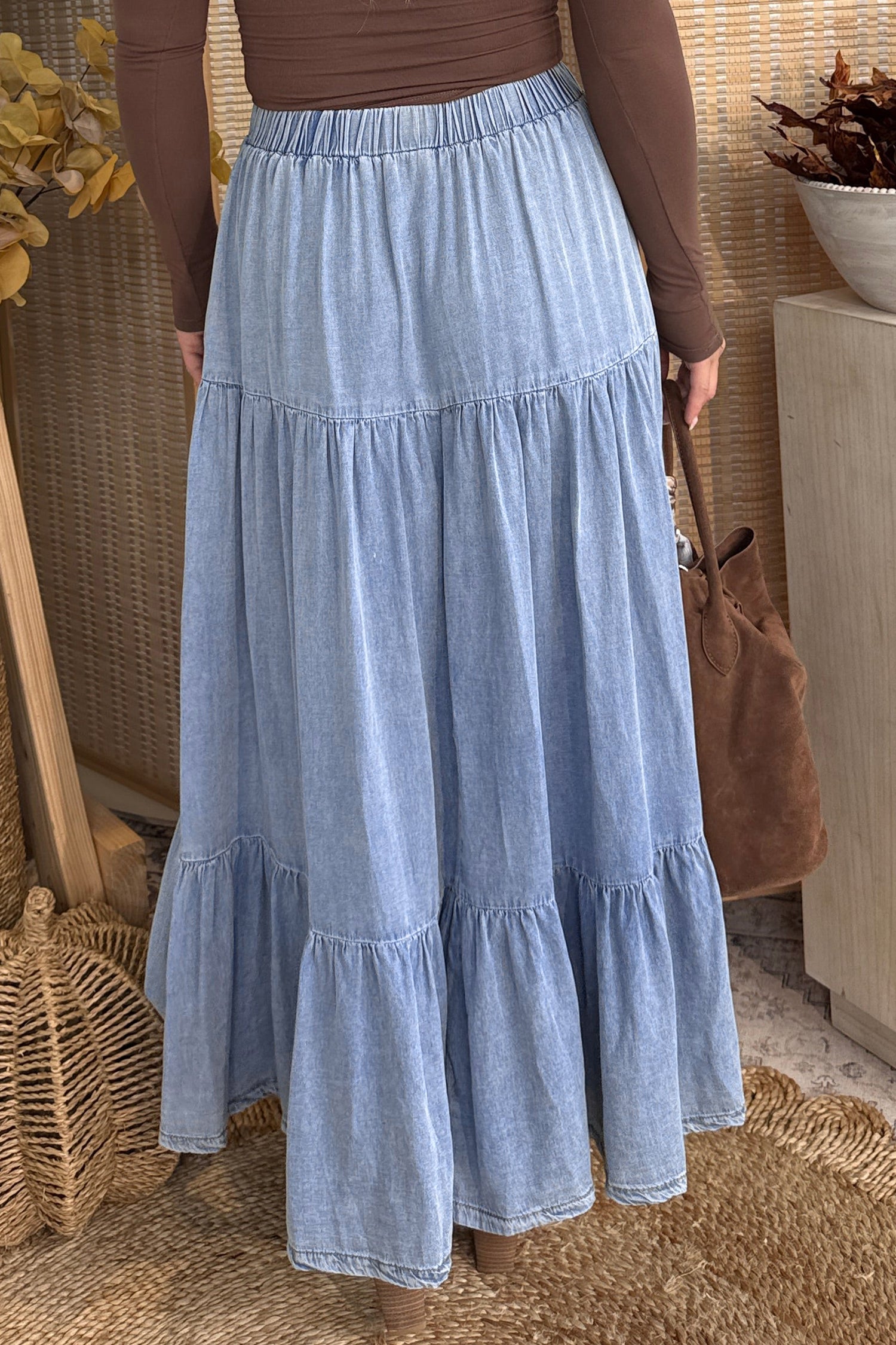 Shop Women's Flared Denim Maxi Skirt Tiered Ruffled Elastic Waist Blue S-XL at LivelyLooks