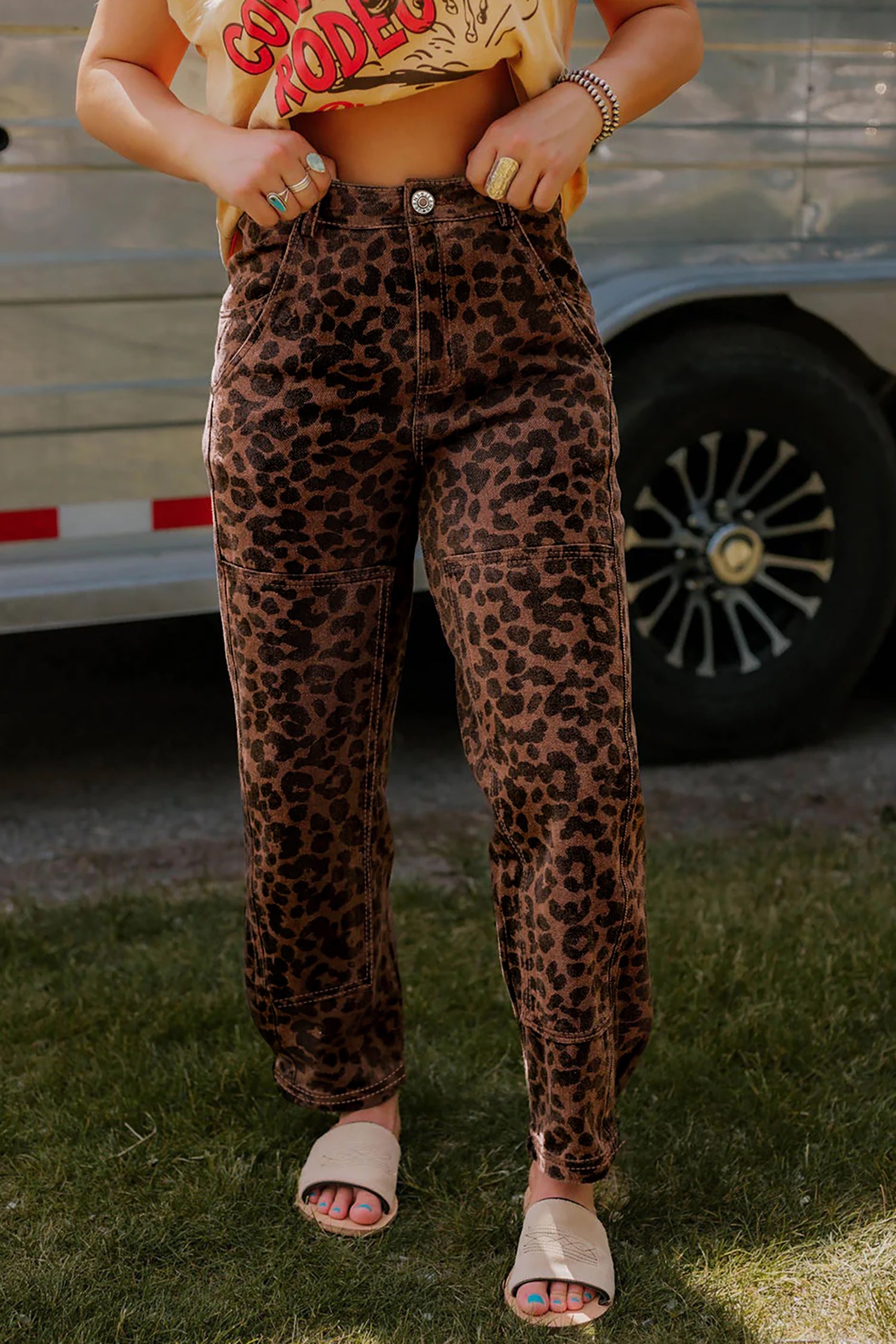 Shop Brown Leopard Print Seam Detail Patchwork Barrel Jeans UK 8-20 at LivelyLooks