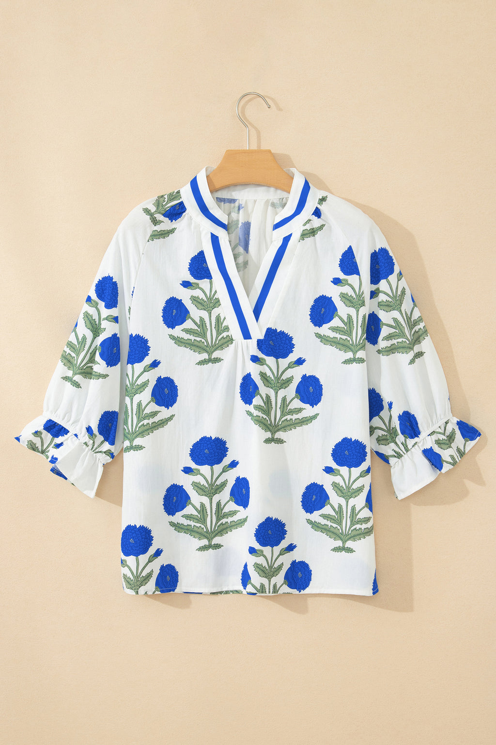 LivelyLooks Green Casual Wild Flower Print V Neck 3/4 Sleeve Blouse women's fashion