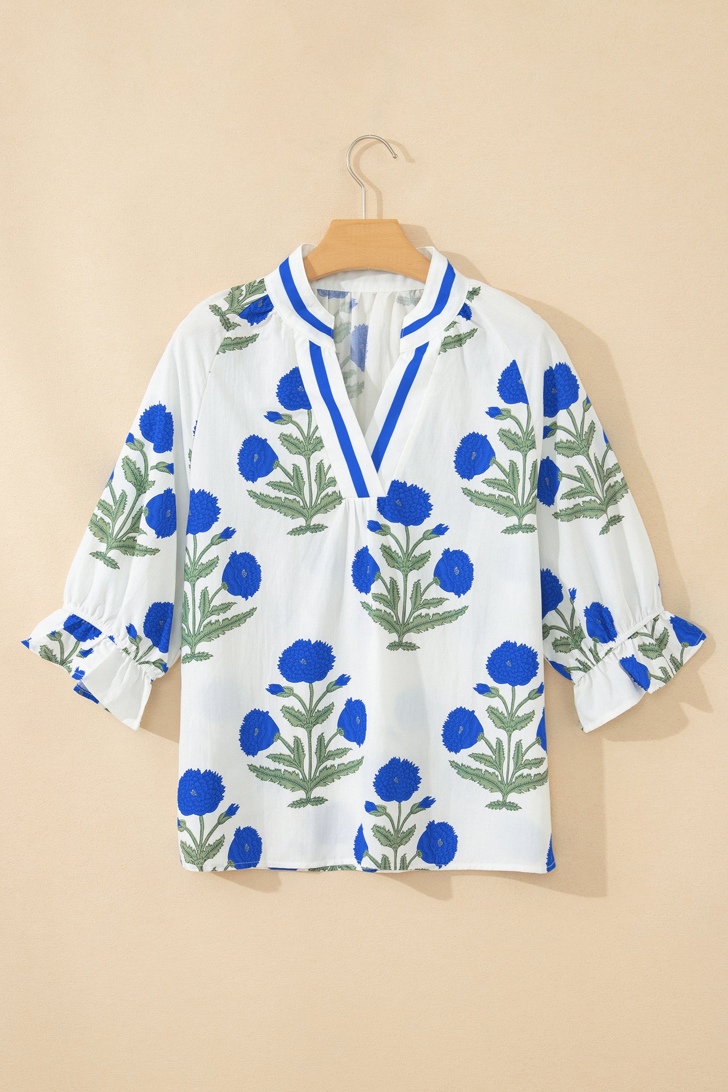 LivelyLooks Green Casual Wild Flower Print V Neck 3/4 Sleeve Blouse women's fashion