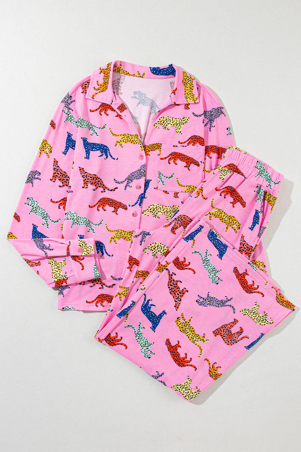 Pink Cheetah Print Pyjama Set | Shirt & Wide Leg Trousers