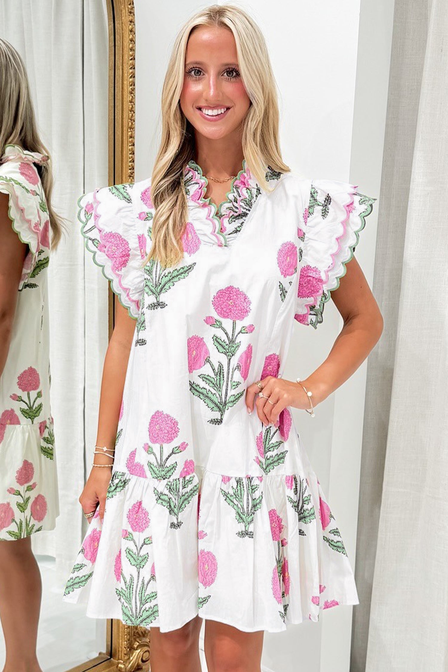 Wild Floral Mini Dress Scalloped Embroidery Trim V Neck Drop Waist White Sky Blue S-XL