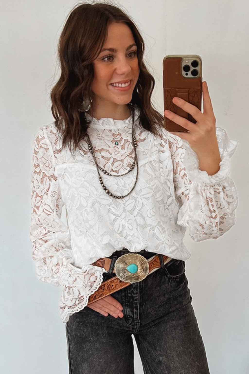 White Sheer Lace Blouse Ruffled Round Neck Long Flounce Sleeve Women S-XL