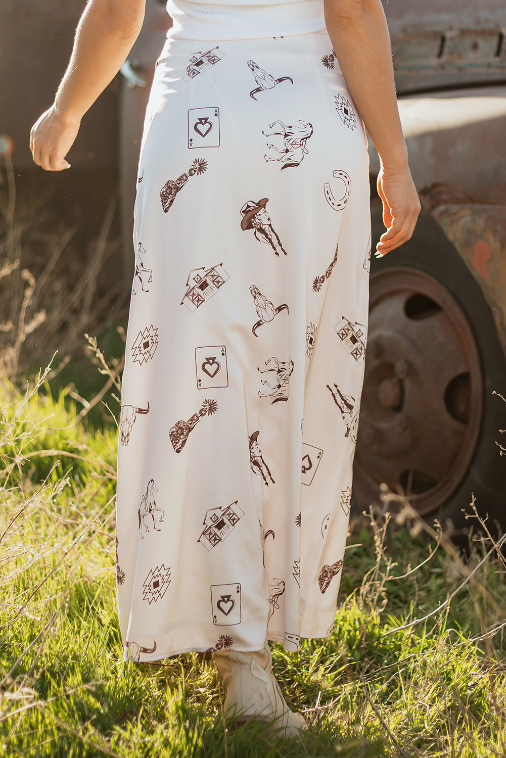Women's Western Print Satin Long Skirt at LivelyLooks