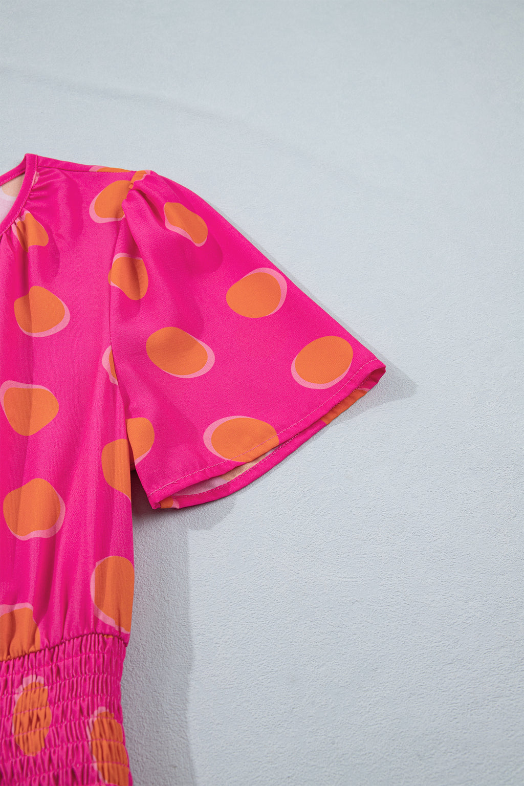 Rose Polka Dot Shirred High Waist Midi Dress | Short Sleeve Shadow Print