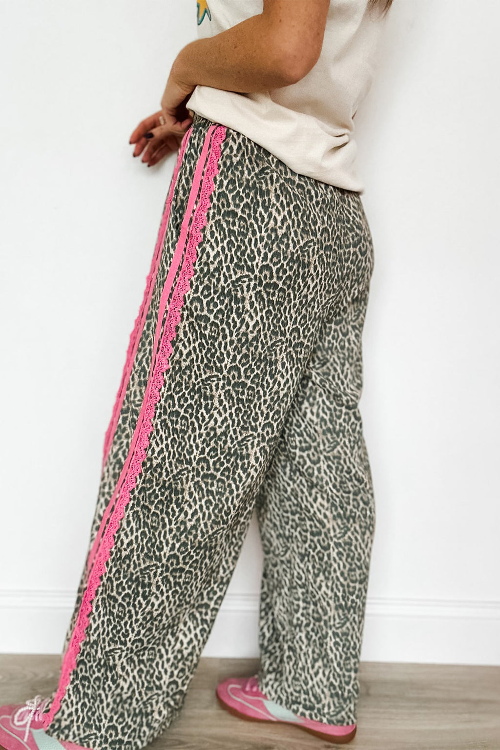 Leopard Print Lace Trim Drawstring Wide Leg Trousers – Brown