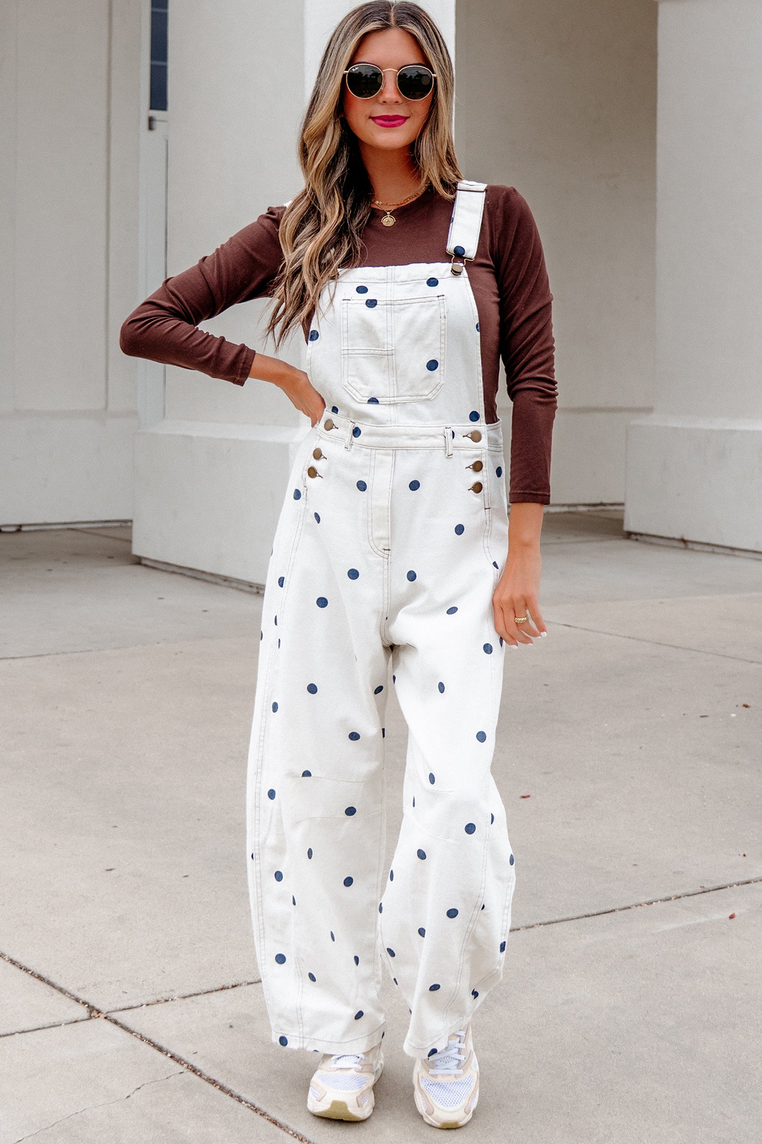Polka Dot Denim Barrel Overalls Jumpsuit | Cream Beige Pink UK 8–22