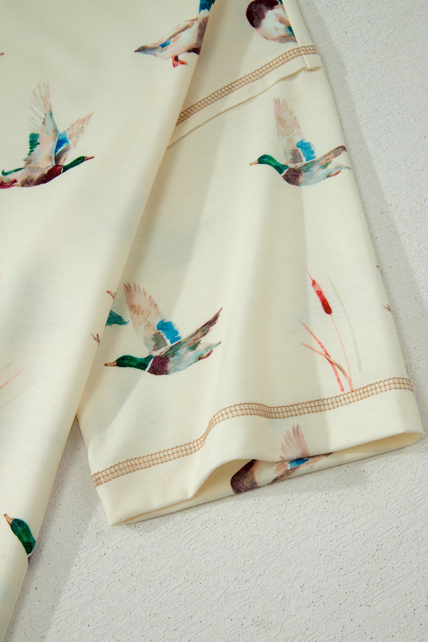 Beige Mallard Duck Print Oversized Tee & Drawstring Shorts Set Women S-XL