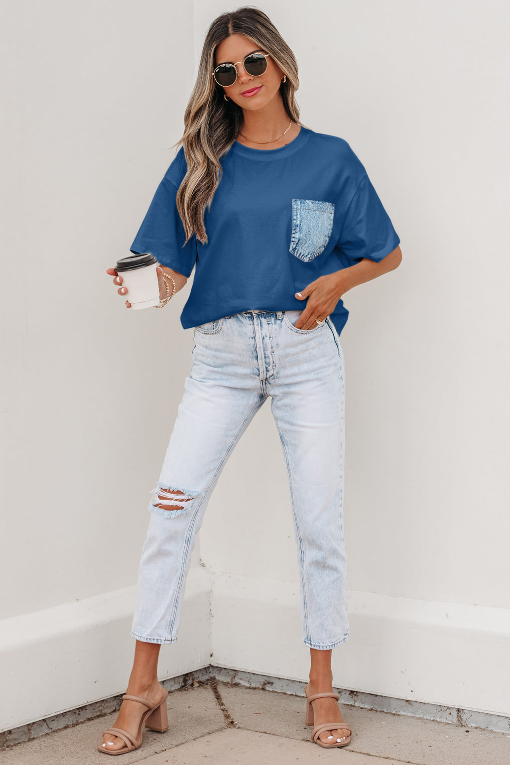 LivelyLooks Sail Blue Colour Block Chest Pocket Casual Short Sleeve Top women's fashion