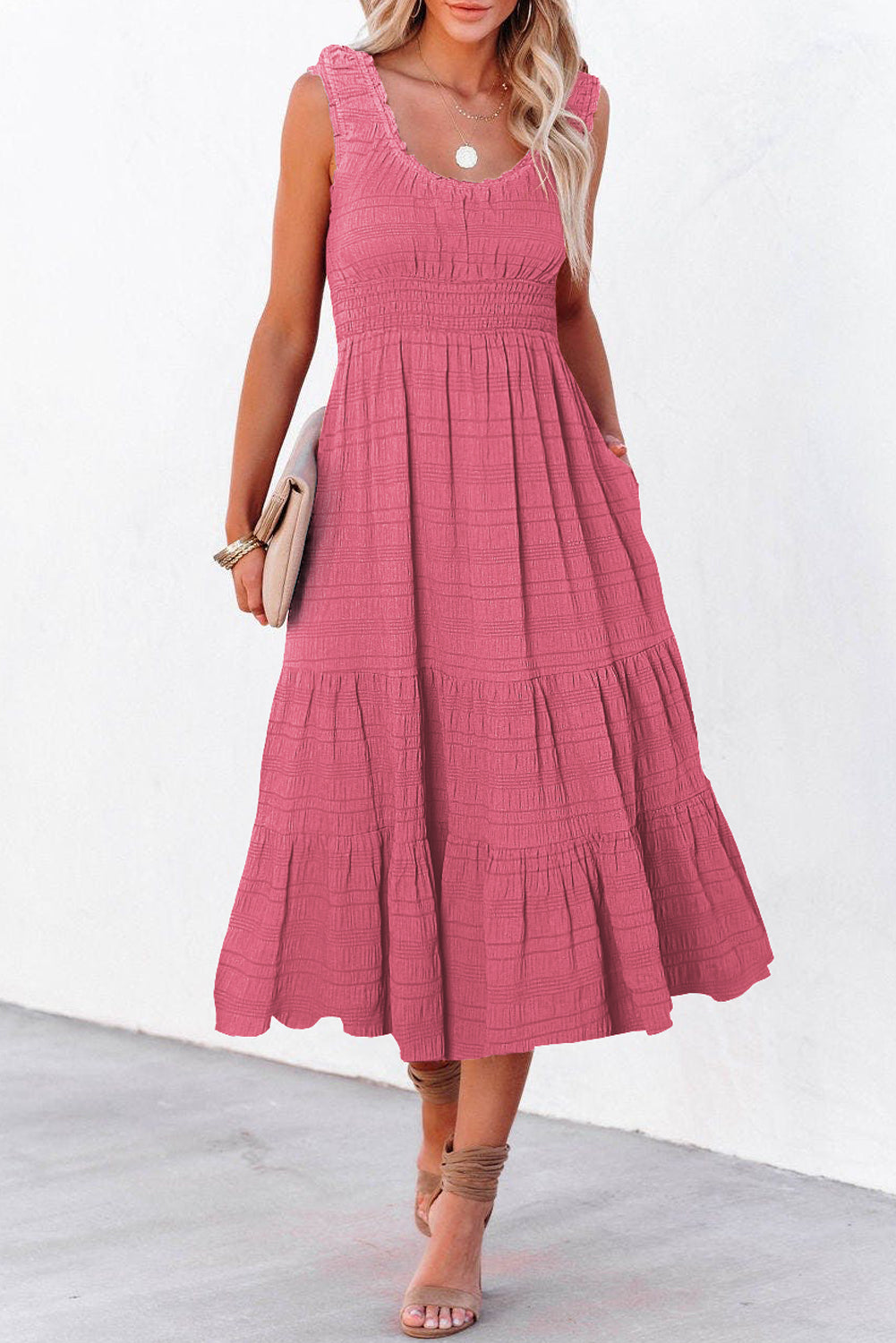 Women's Shirred Pleated Square Neck Sleeveless Midi Dress | S-XL at LivelyLooks