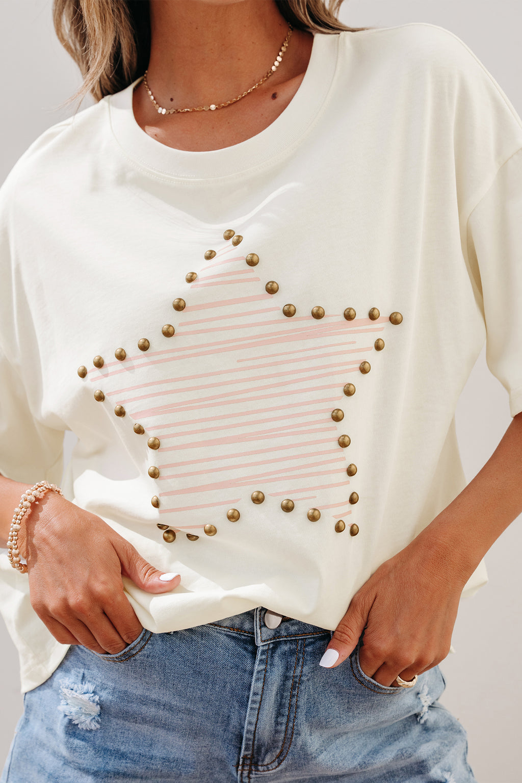 LivelyLooks Beige Star Print Stud Detail Cotton Jersey Top S-XL women's fashion