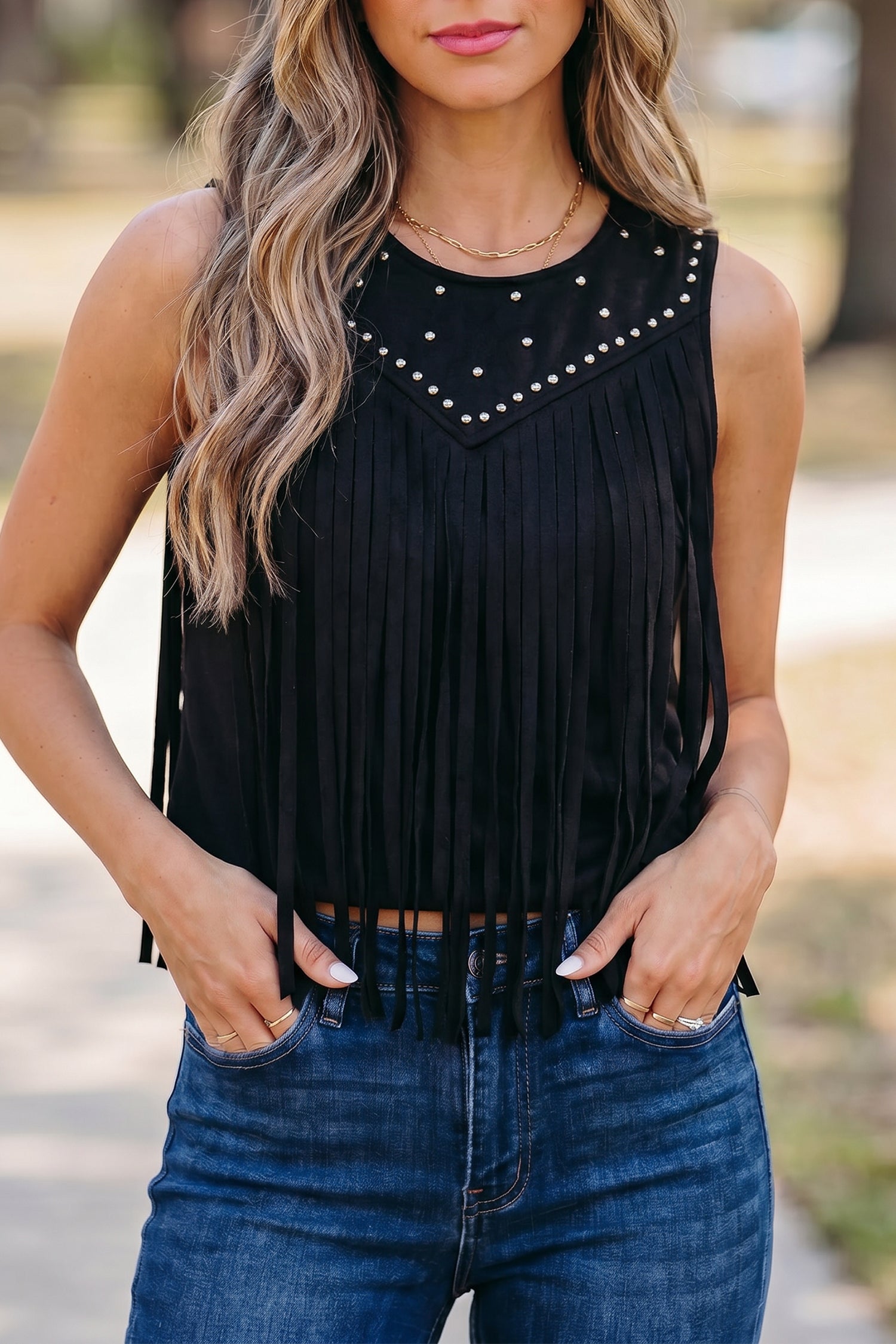 Black Western Fringe & Rivet Sleeveless Top | Sizes 8-22