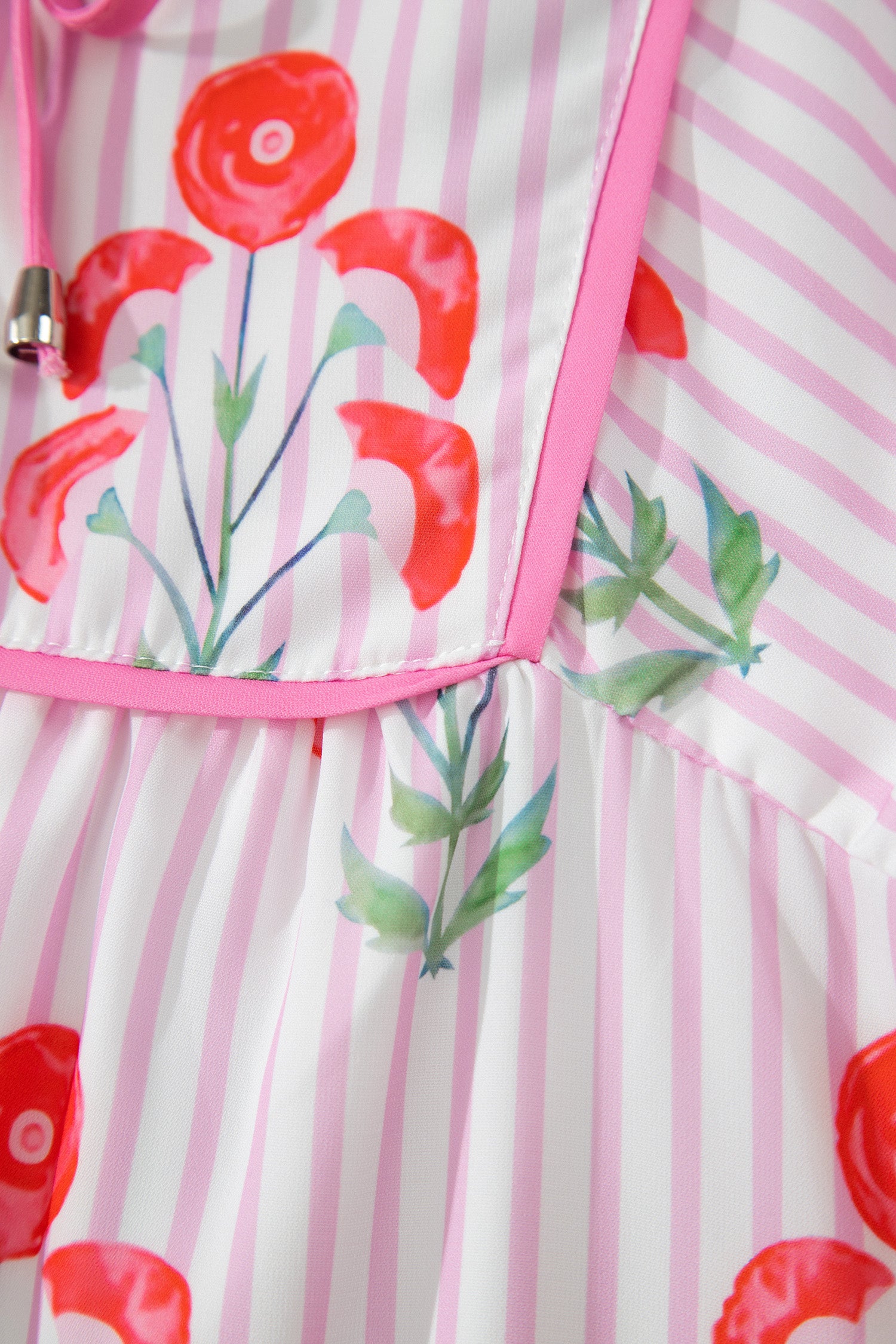 Pink & Sky Blue Floral Stripe Tie Notched Neck Puff Sleeve Mini Dress S-XL