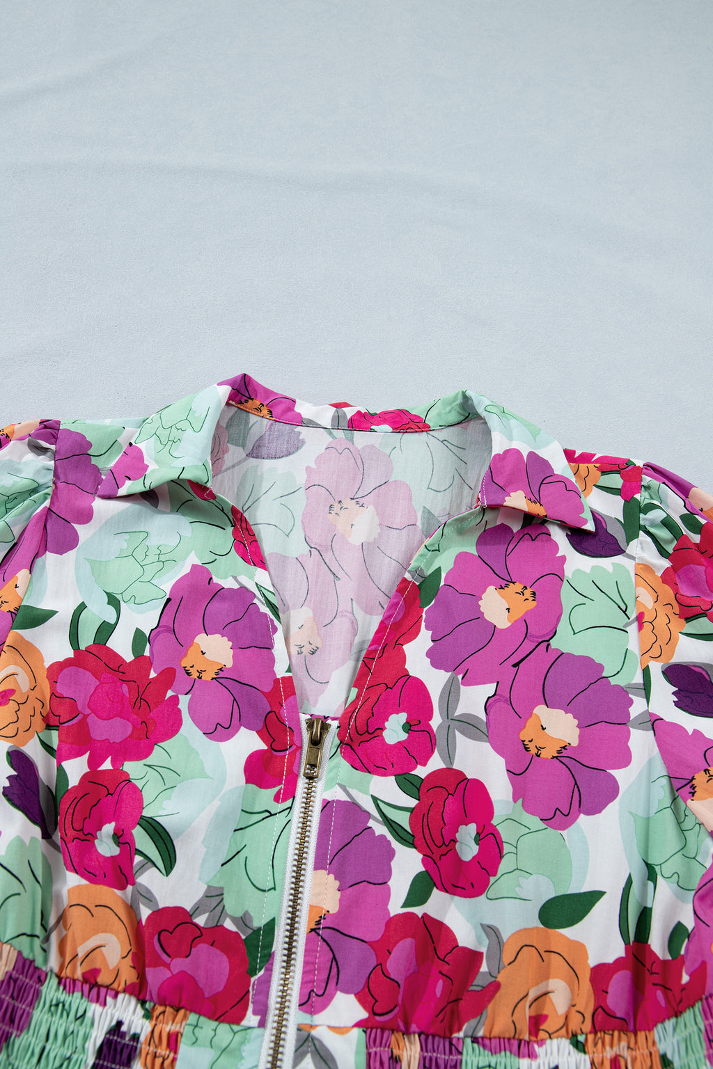Rose Floral Print Zip Front Shirred Waist Flared Half Sleeve Midi Dress S-XL