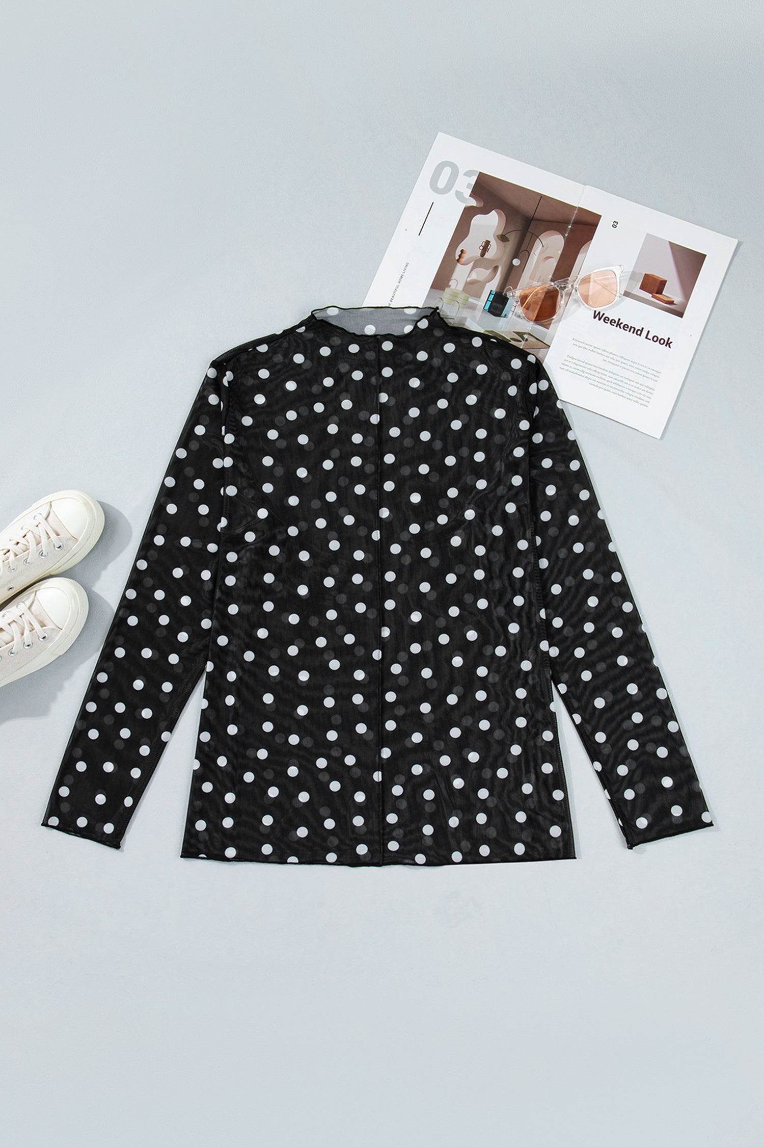 Women's Black Plus Size Polka Dot Mock Neck Long Sleeve Mesh Top at LivelyLooks