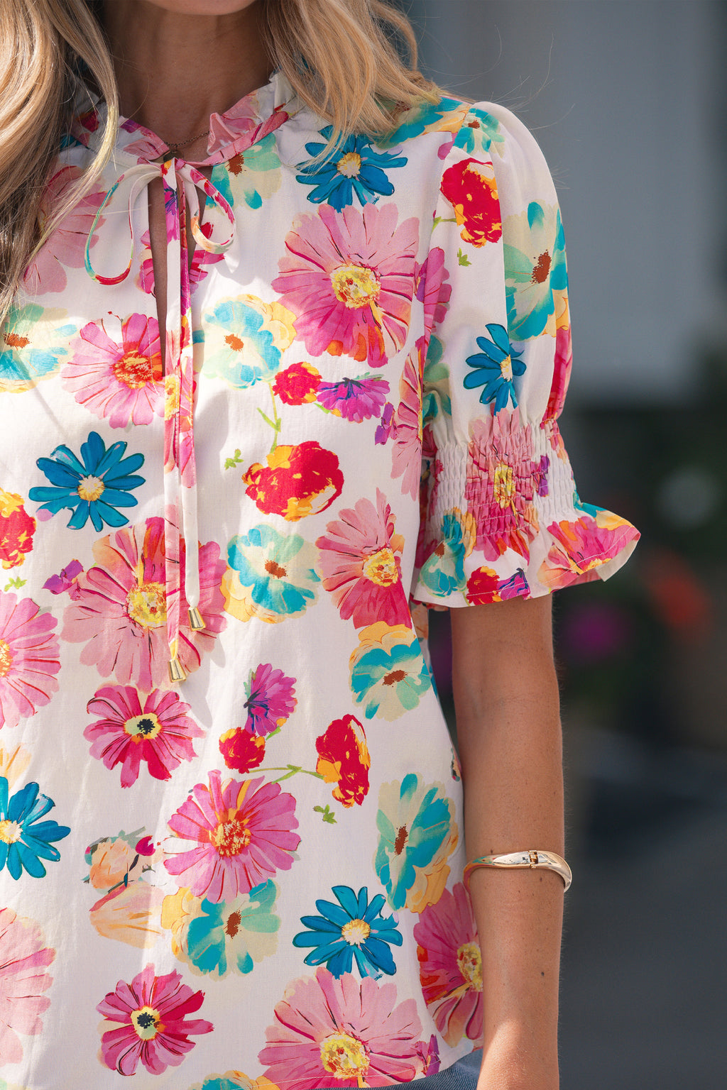 Beige Floral Blouse Tie V Neck Short Puff Sleeve Summer Women S-XL