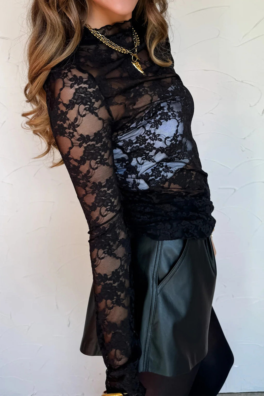 Women's Black Sheer Floral Lace Lettuce Trim Mock Neck Long Sleeve Top at LivelyLooks