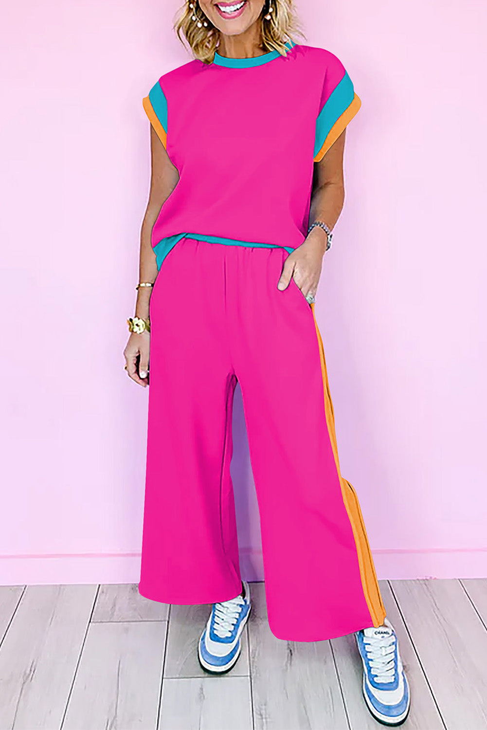 Colour Block Cap Sleeve Tee & Crop Wide Leg Trousers Set | 8 Colours