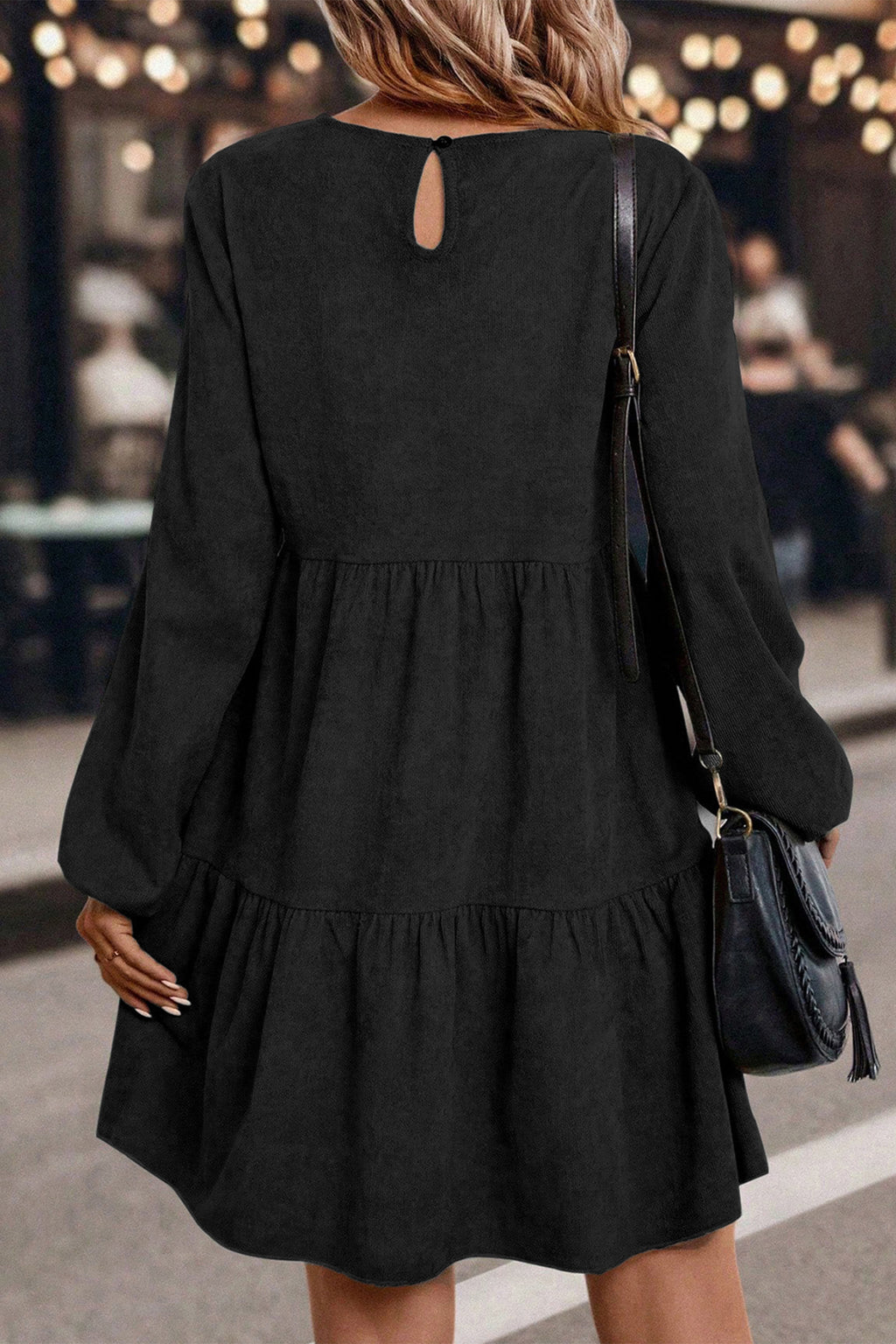 Lantern Sleeve Tiered Mini Dress | Black, Dark Brown & Mist Green | UK 8–22