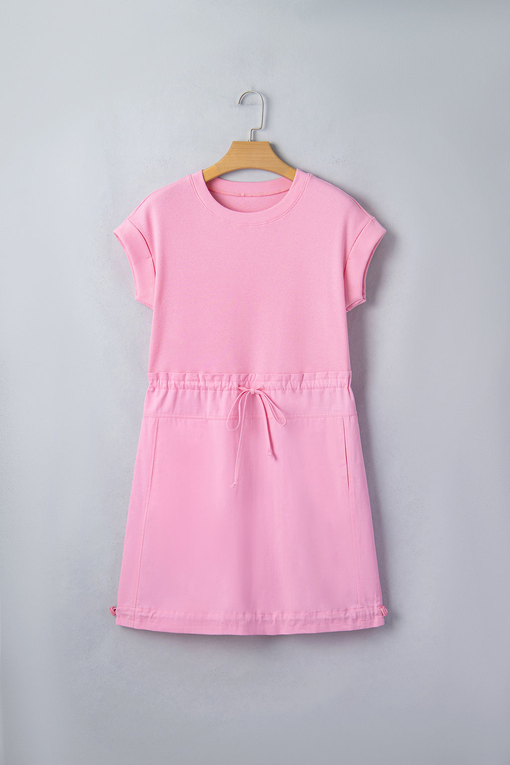LivelyLooks Pink Cuffed Short Sleeve Patchwork Drawstring Mini Dress S-XL women's fashion