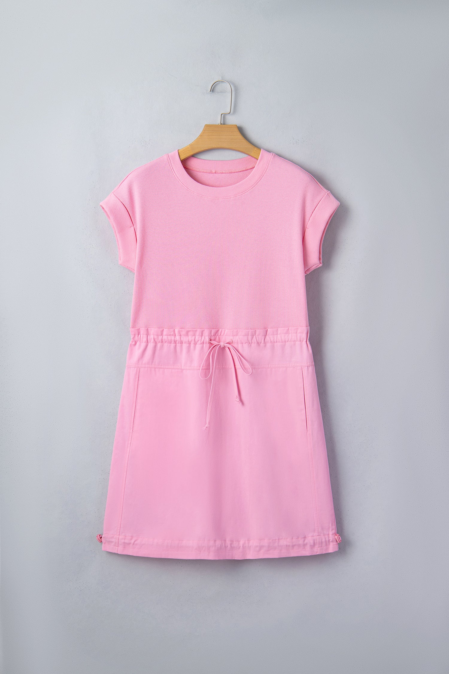 LivelyLooks Pink Cuffed Short Sleeve Patchwork Drawstring Mini Dress S-XL women's fashion
