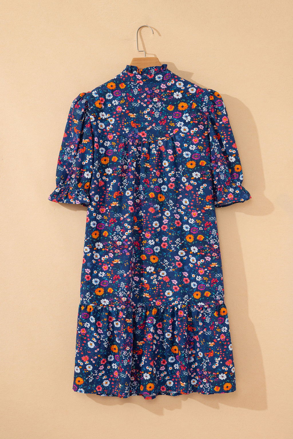 Blue Wild Daisy Floral Split Neck Puff Sleeve Mini Dress S-XL
