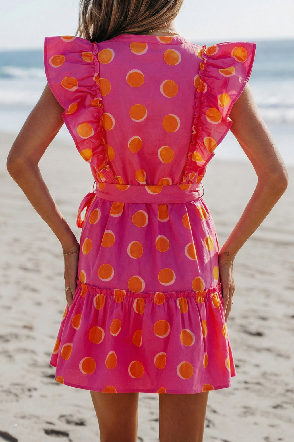 Rose Polka Dot V-Neck Ruffle Short Sleeve Knot Waist Mini Dress