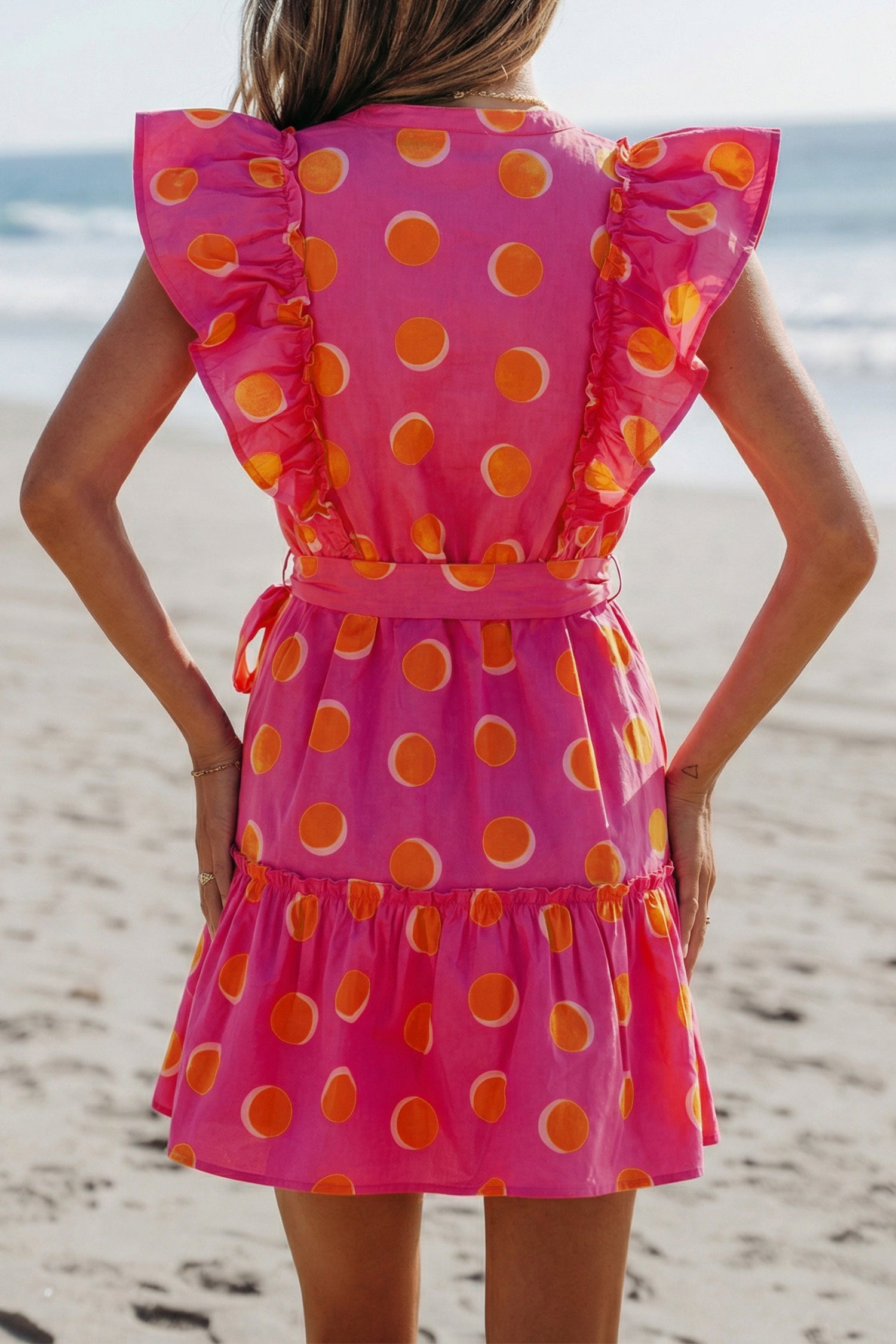 Rose Polka Dot V-Neck Ruffle Short Sleeve Knot Waist Mini Dress
