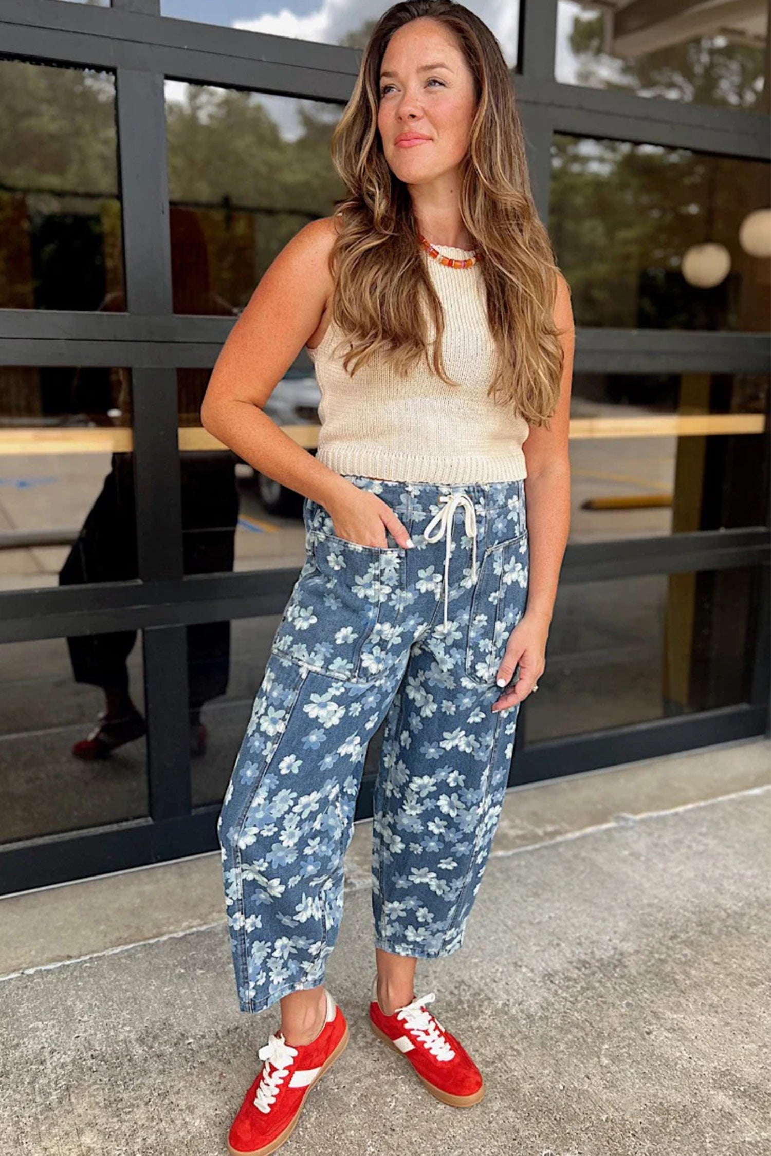 Women's Sky Blue Dainty Floral Print Drawstring Barrel Jeans at LivelyLooks