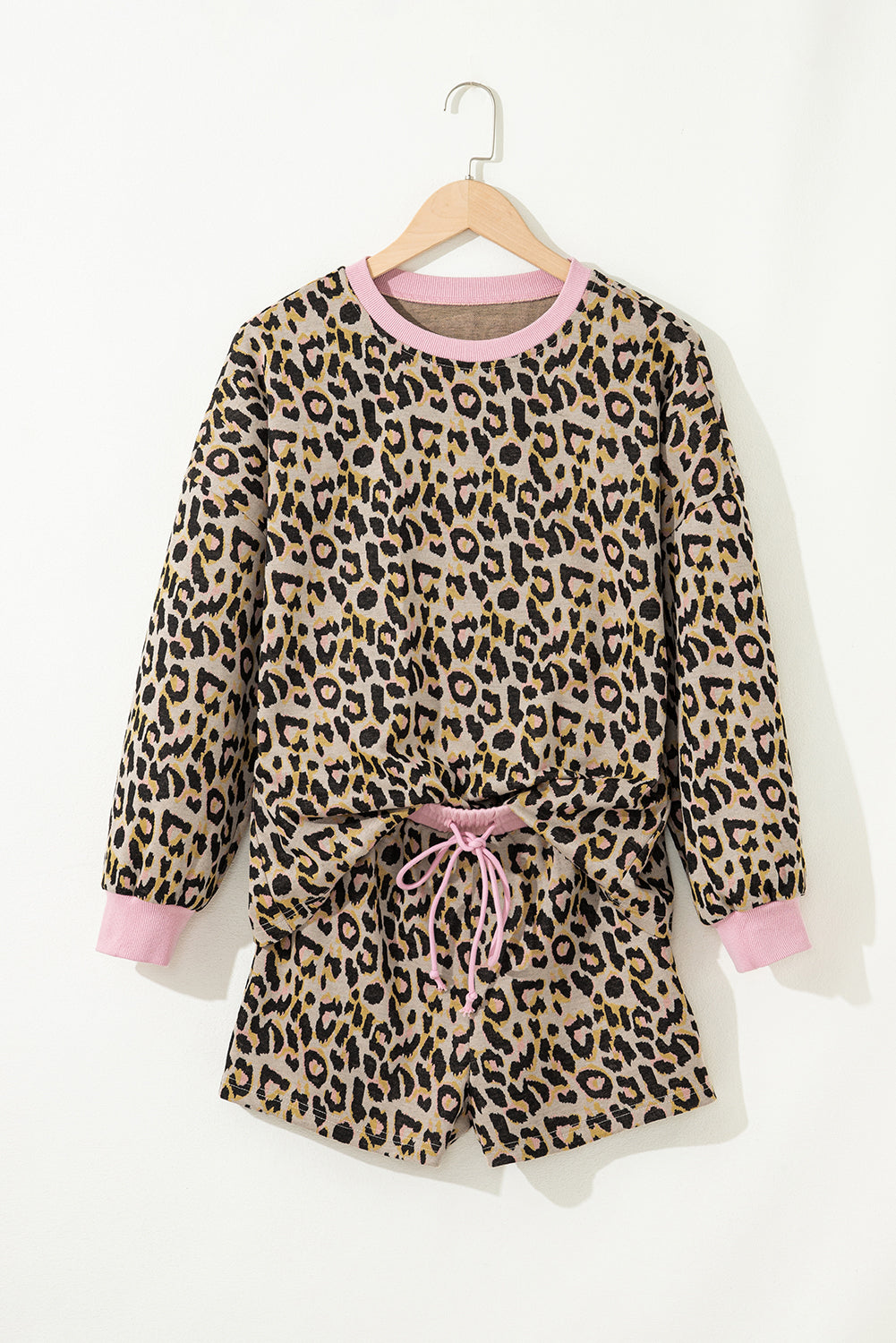Women's Pink Leopard Print Long Sleeve Pullover & Shorts Set Women's S-XL at LivelyLooks