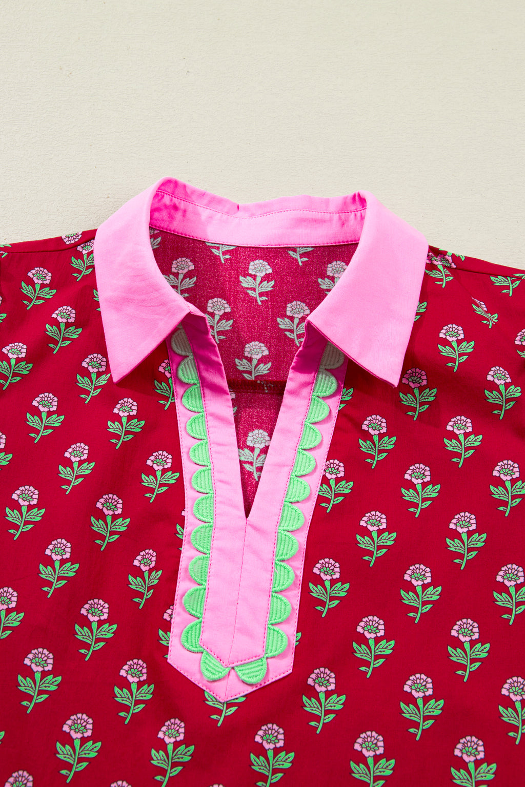 Red Floral Print Mini Dress Contrast V Neck Short Bubble Sleeve Women S-XL