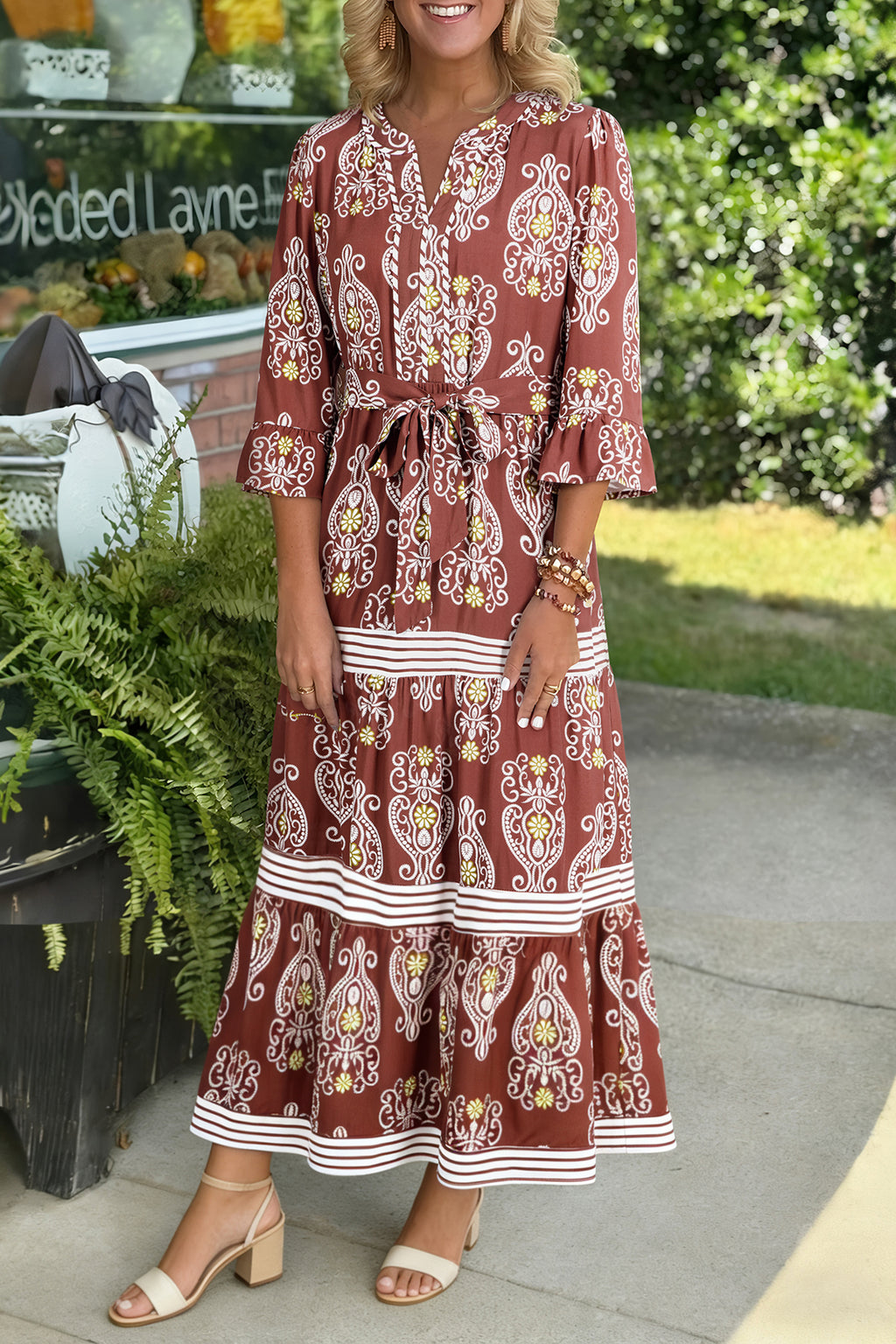 Brown Floral Print Belted Striped Trim Tiered Maxi Dress | Boho Summer