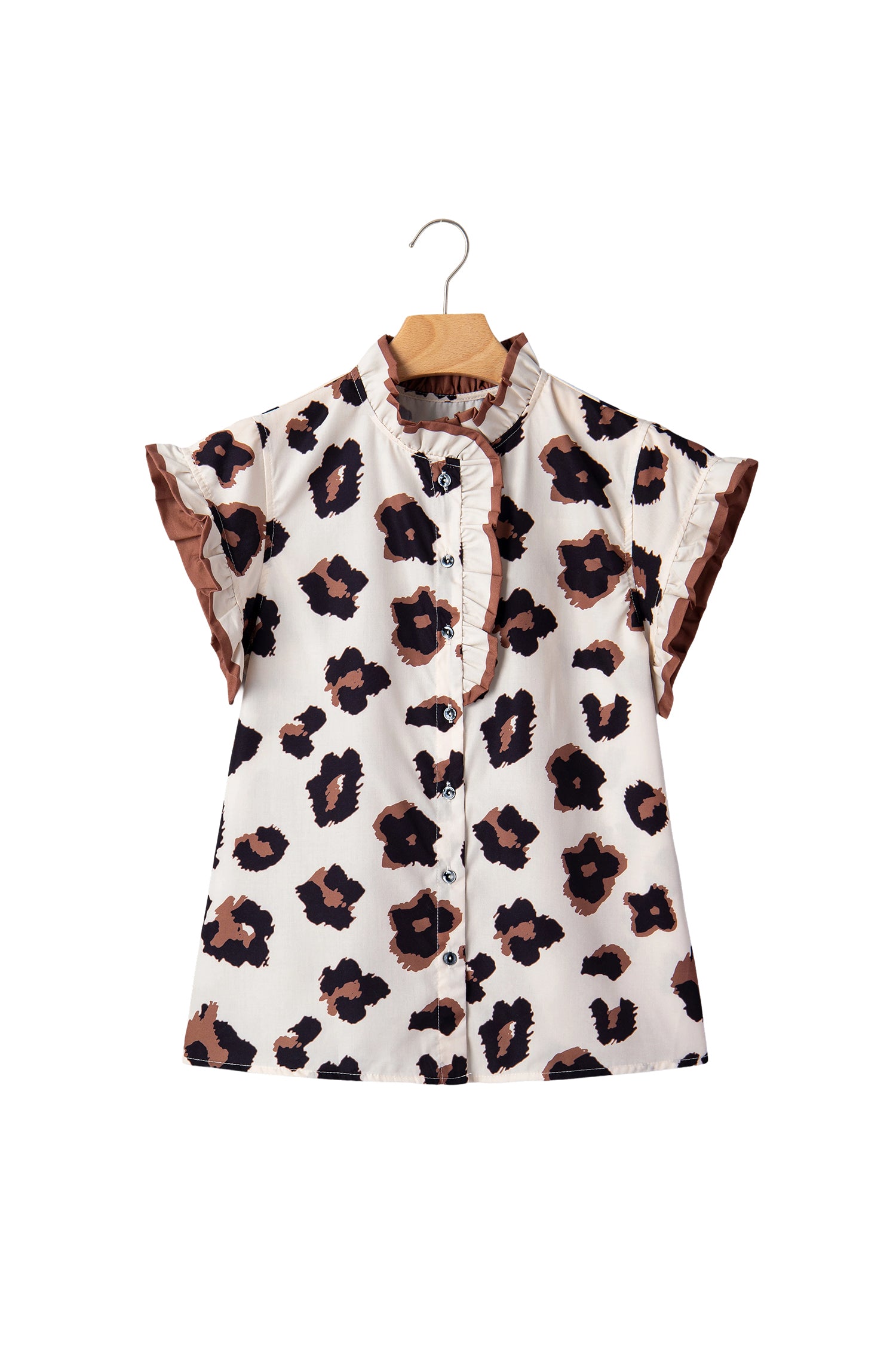 LivelyLooks Khaki Leopard Printed Ruffle Sleeve Summer Blouse Animal Pattern Holiday Top women's fashion