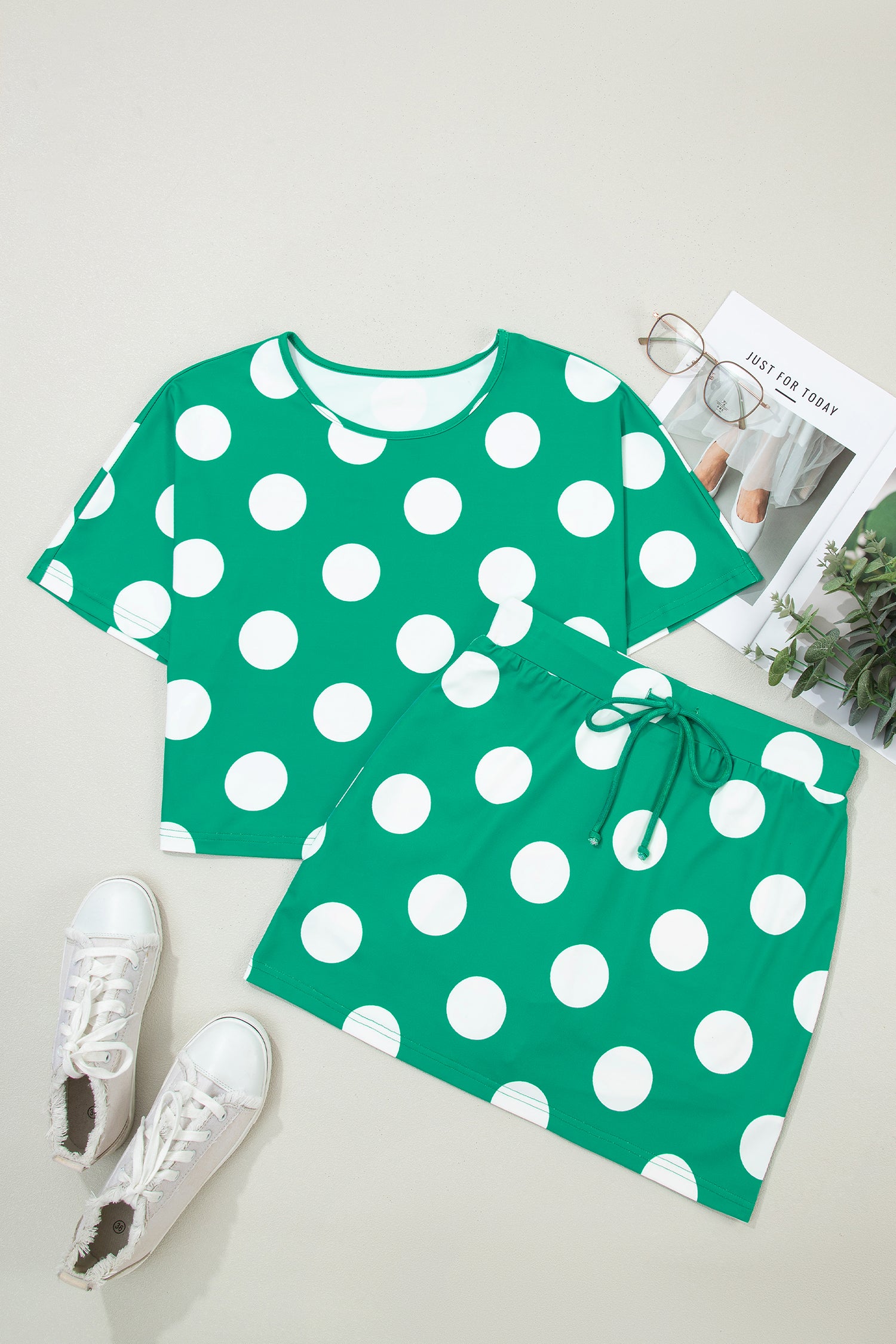 Green Polka Dot 2pcs Set Cropped Tee Bodycon Skort Women S-XL