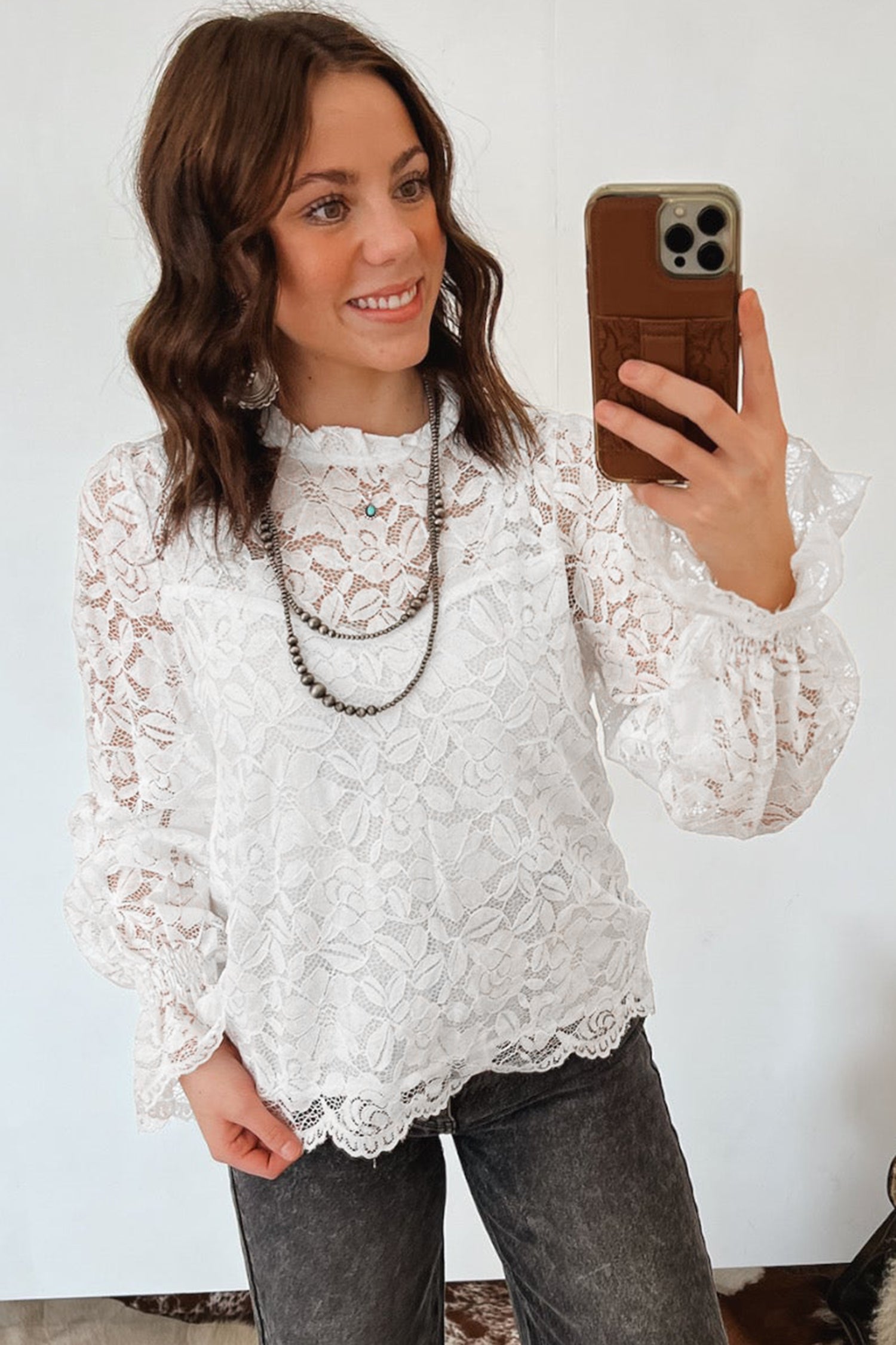 White Sheer Lace Blouse Ruffled Round Neck Long Flounce Sleeve Women S-XL