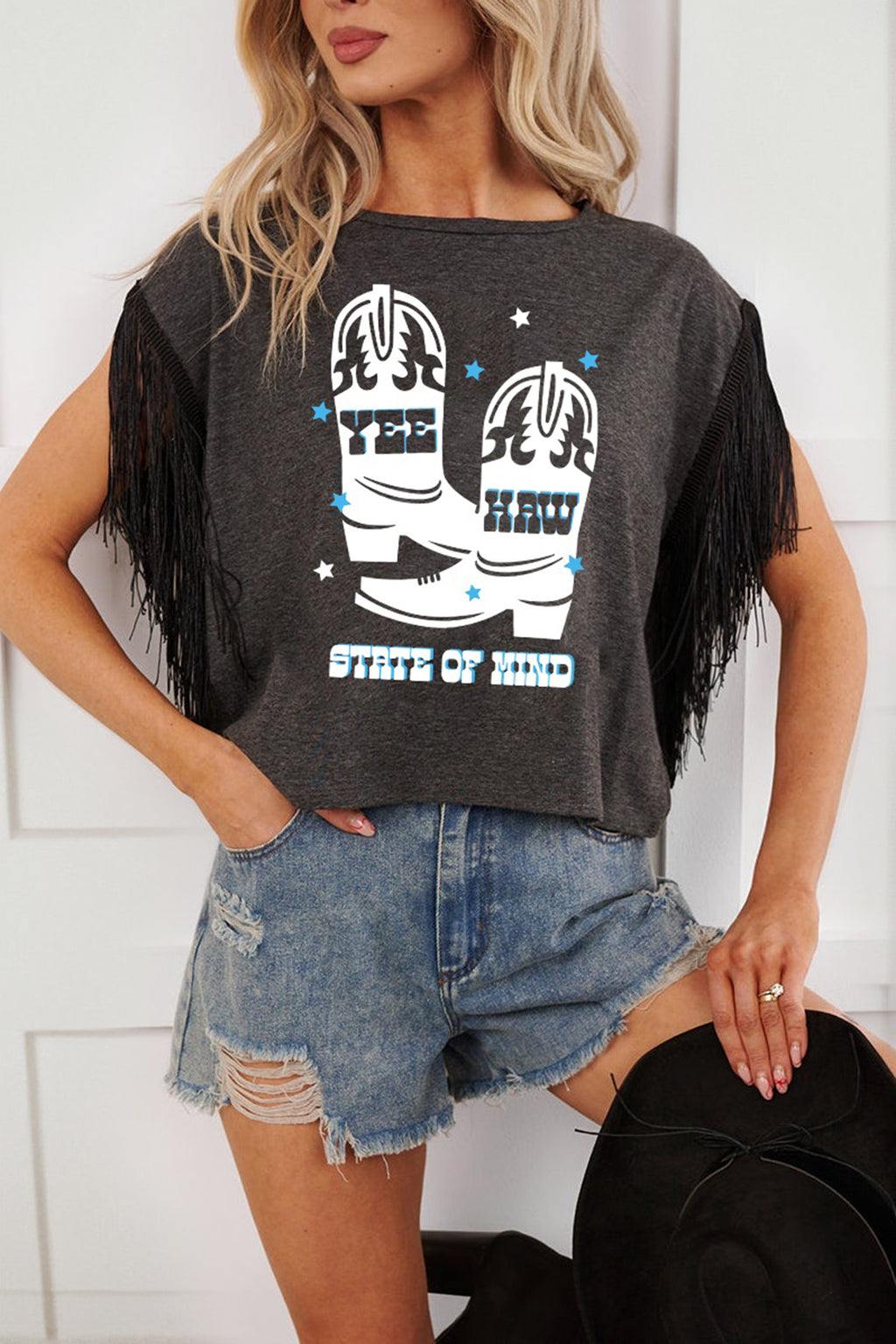 Women's Carbon Grey YEE HAW Fringed Sleeve Western Graphic Tee at LivelyLooks