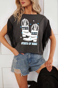 Women's Carbon Grey YEE HAW Fringed Sleeve Western Graphic Tee at LivelyLooks