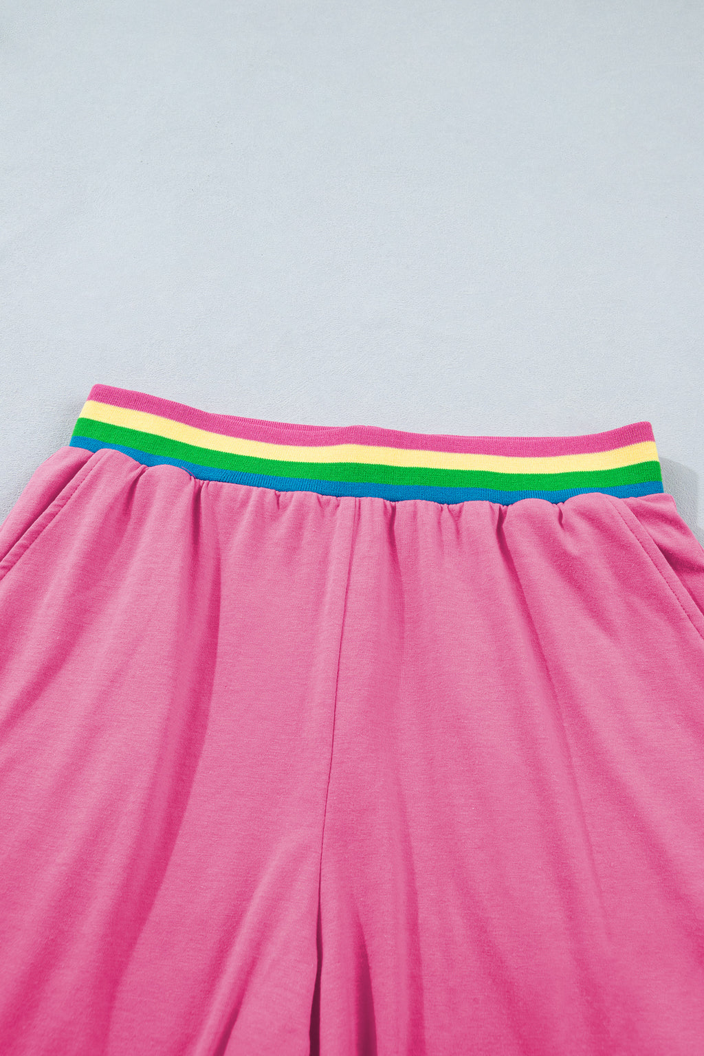 Bright Pink Seam Detail Raw Edge Tee & Rainbow Waistband Shorts Co-ord Set