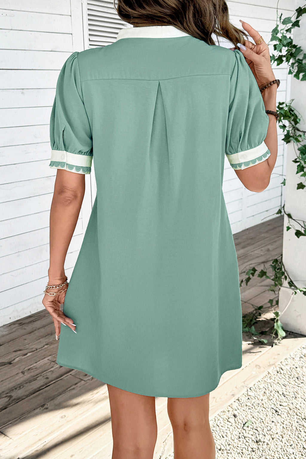 LivelyLooks Scallop Colour Block Trim Puff Sleeve Mini Dress Pink & Green women's fashion