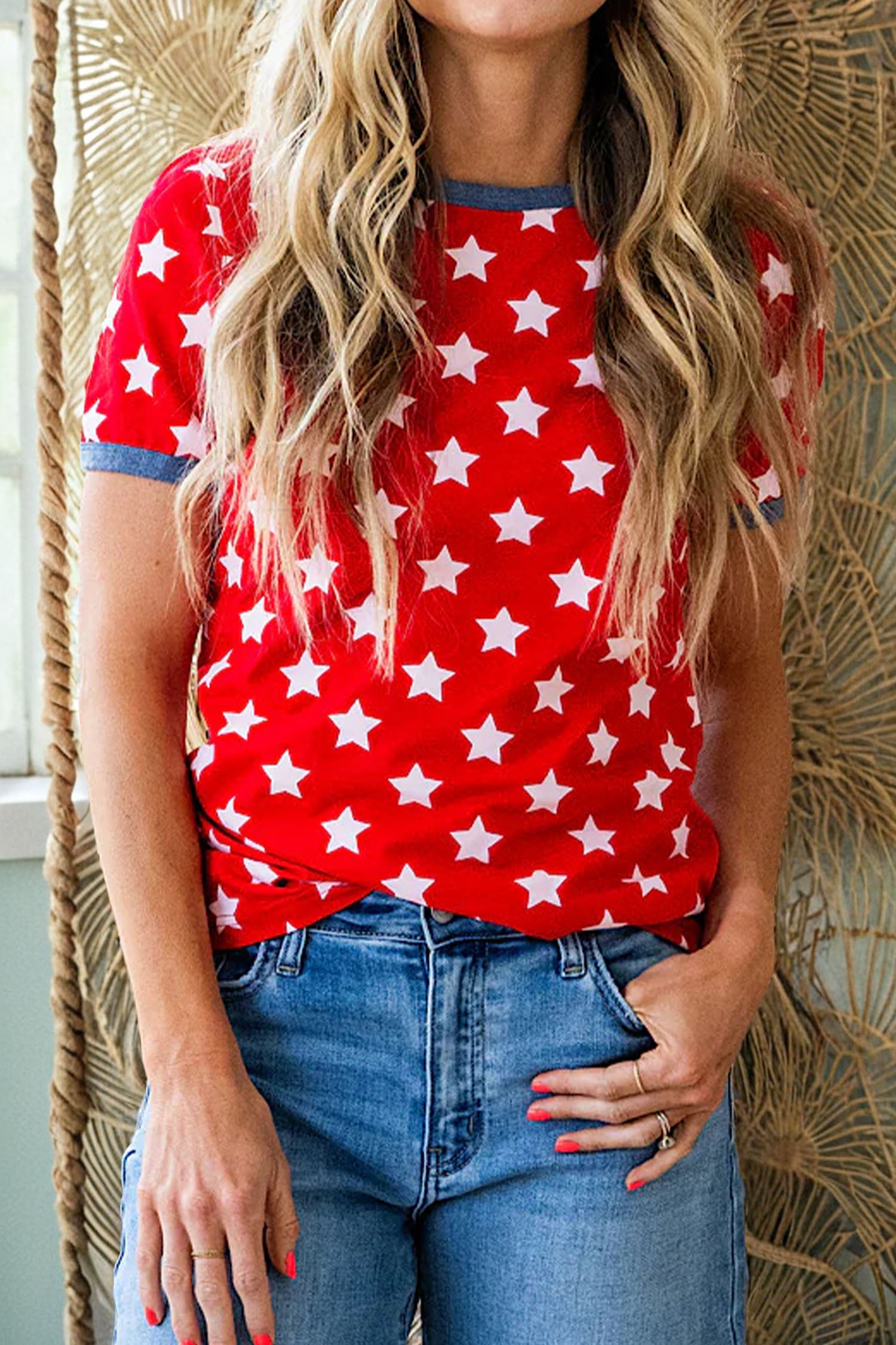 Red Stars Print Viscose Tunic Top Colour Block Binding Tape Collar Women S-XL