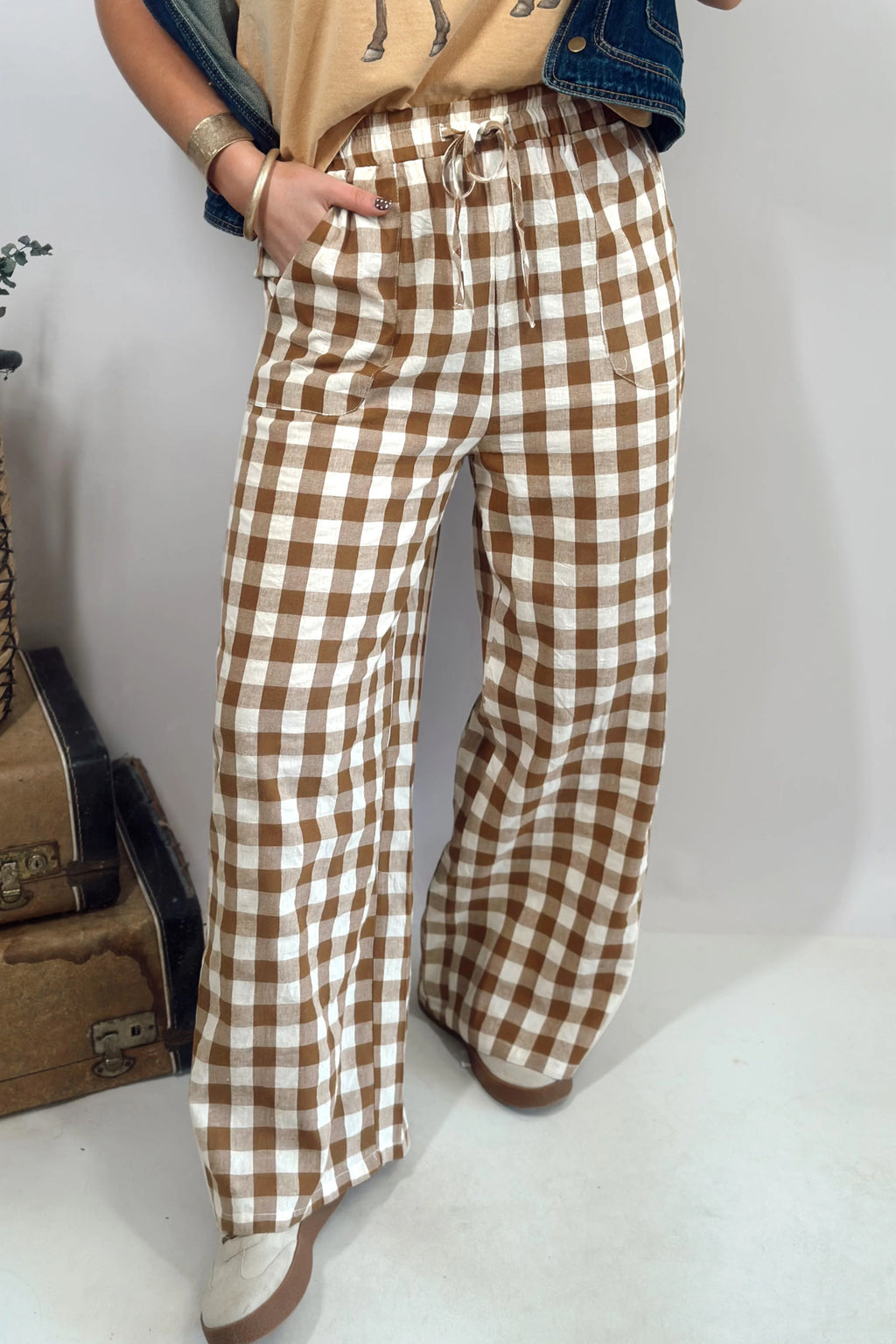 Brown Gingham Plaid Trousers Tie Elastic Waist Casual Shift Pants