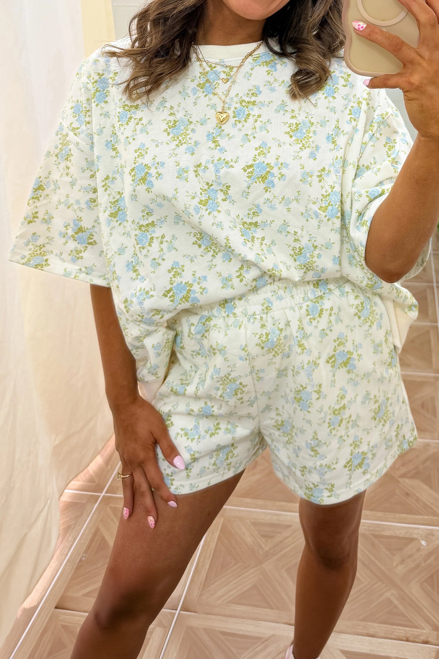 Floral Print Two Piece Short Set | Sky Blue & Pink | S-XL