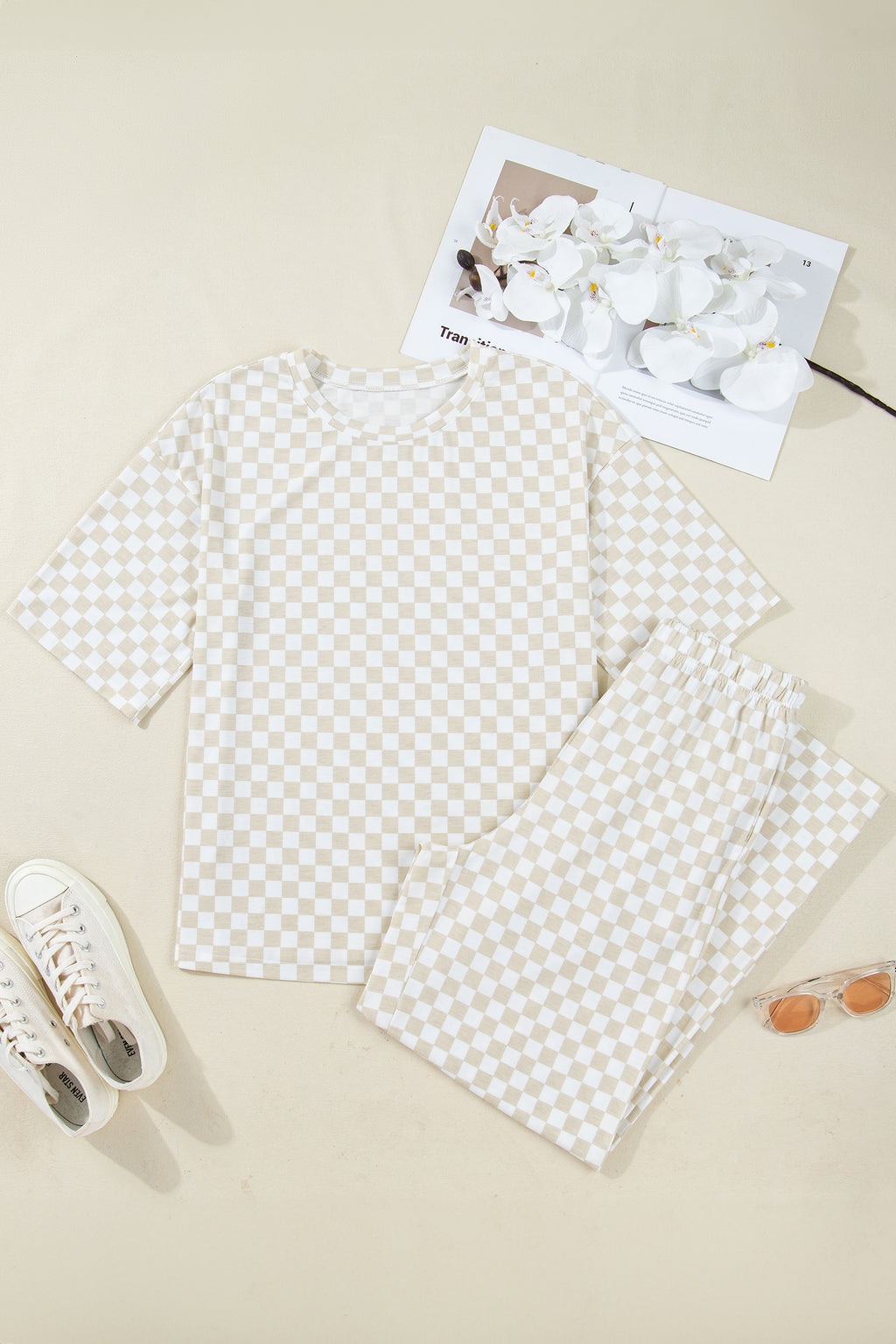 Women's Khaki Checkered Print Half Sleeve Tee & Wide Leg Lounge Pant Set | UK 8-22 at LivelyLooks