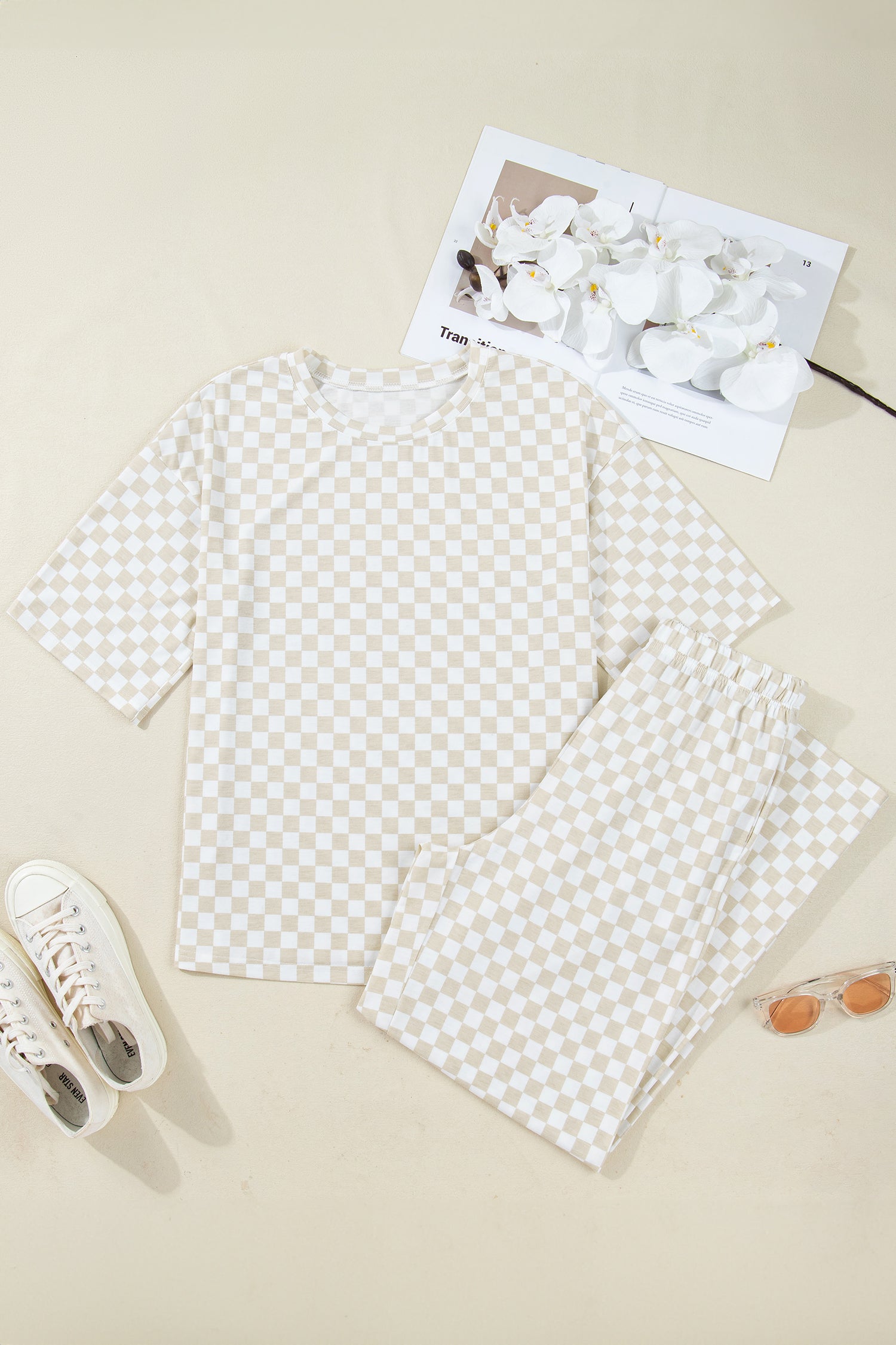 Women's Khaki Checkered Print Half Sleeve Tee & Wide Leg Lounge Pant Set | UK 8-22 at LivelyLooks