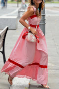 Women's Red Stripe Bow Knot Straps Contrast Trim High Waist Ruffle Maxi Dress at LivelyLooks