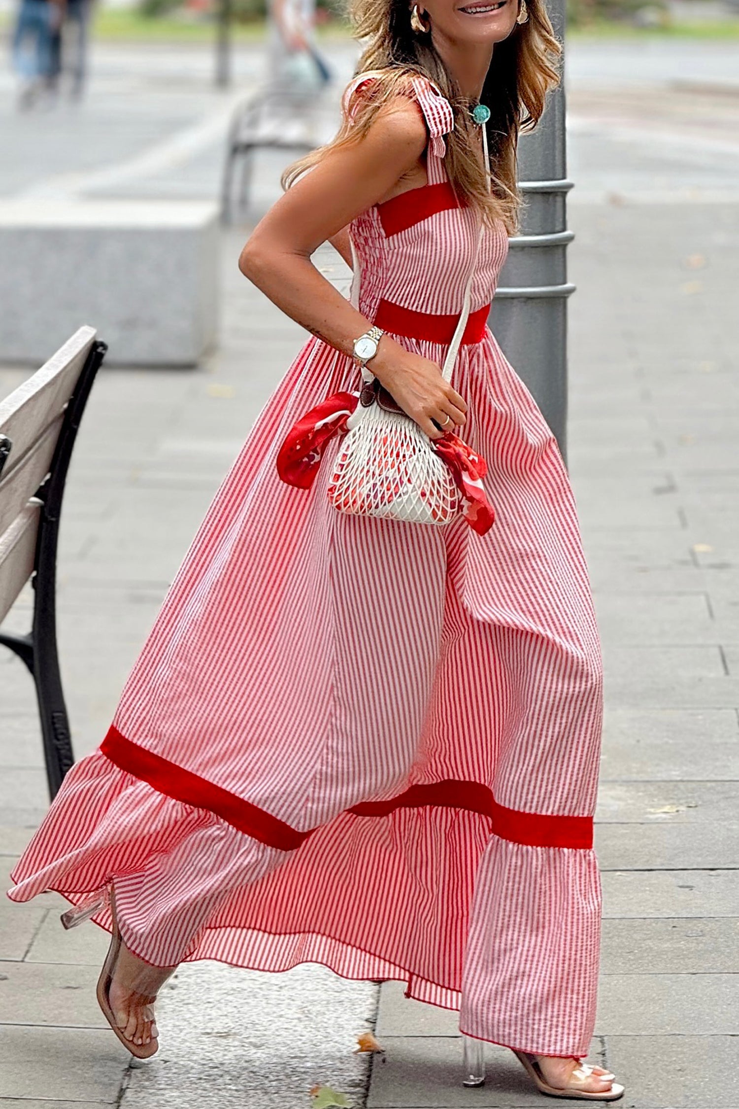 Women's Red Stripe Bow Knot Straps Contrast Trim High Waist Ruffle Maxi Dress at LivelyLooks