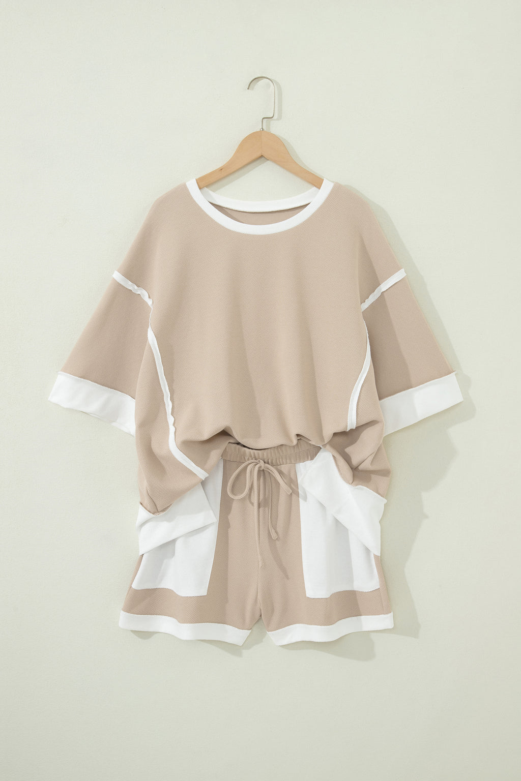 Beige Raw Edge Colour Block Oversized Tee & Drawstring Shorts Co-ord Set