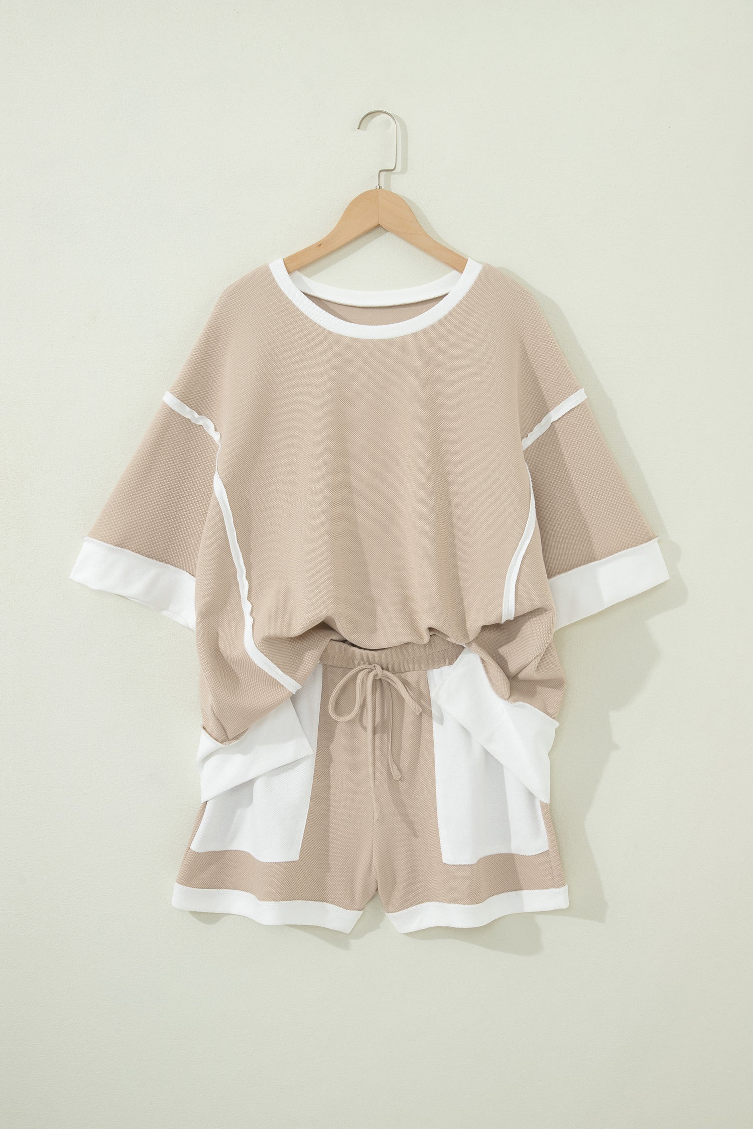 Beige Raw Edge Colour Block Oversized Tee & Drawstring Shorts Co-ord Set