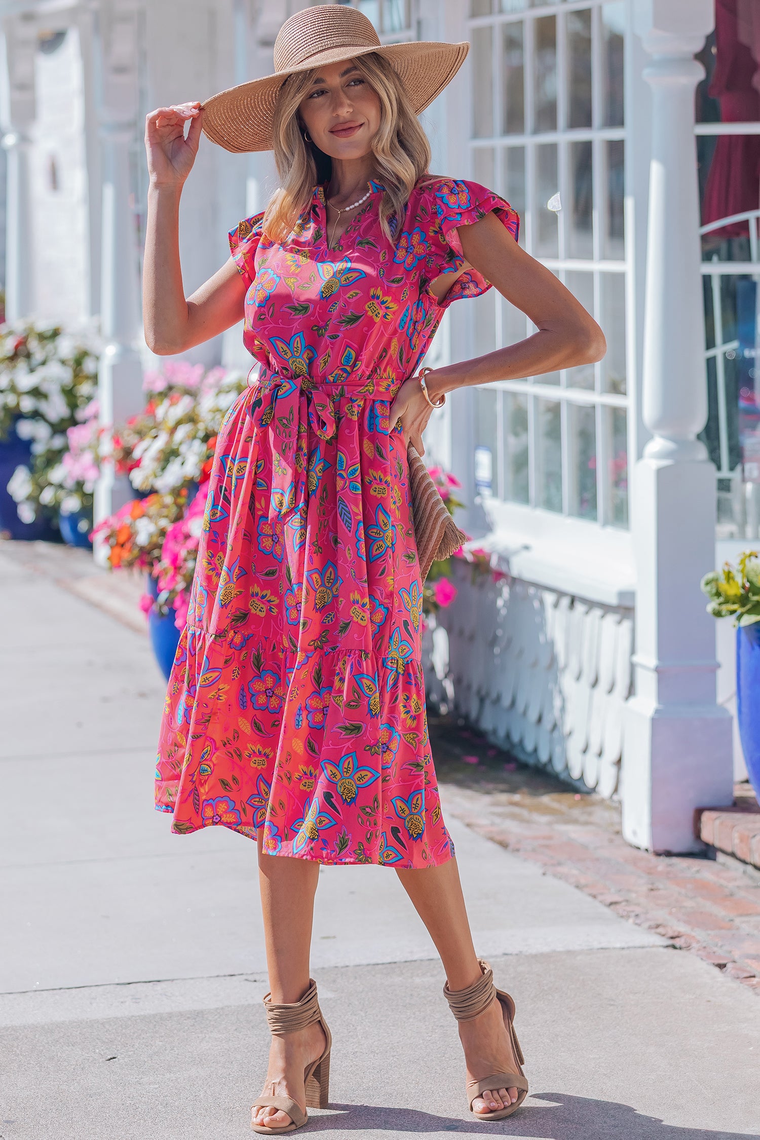 Women's Rose Flutter Sleeve Belted Floral Maxi Dress at LivelyLooks