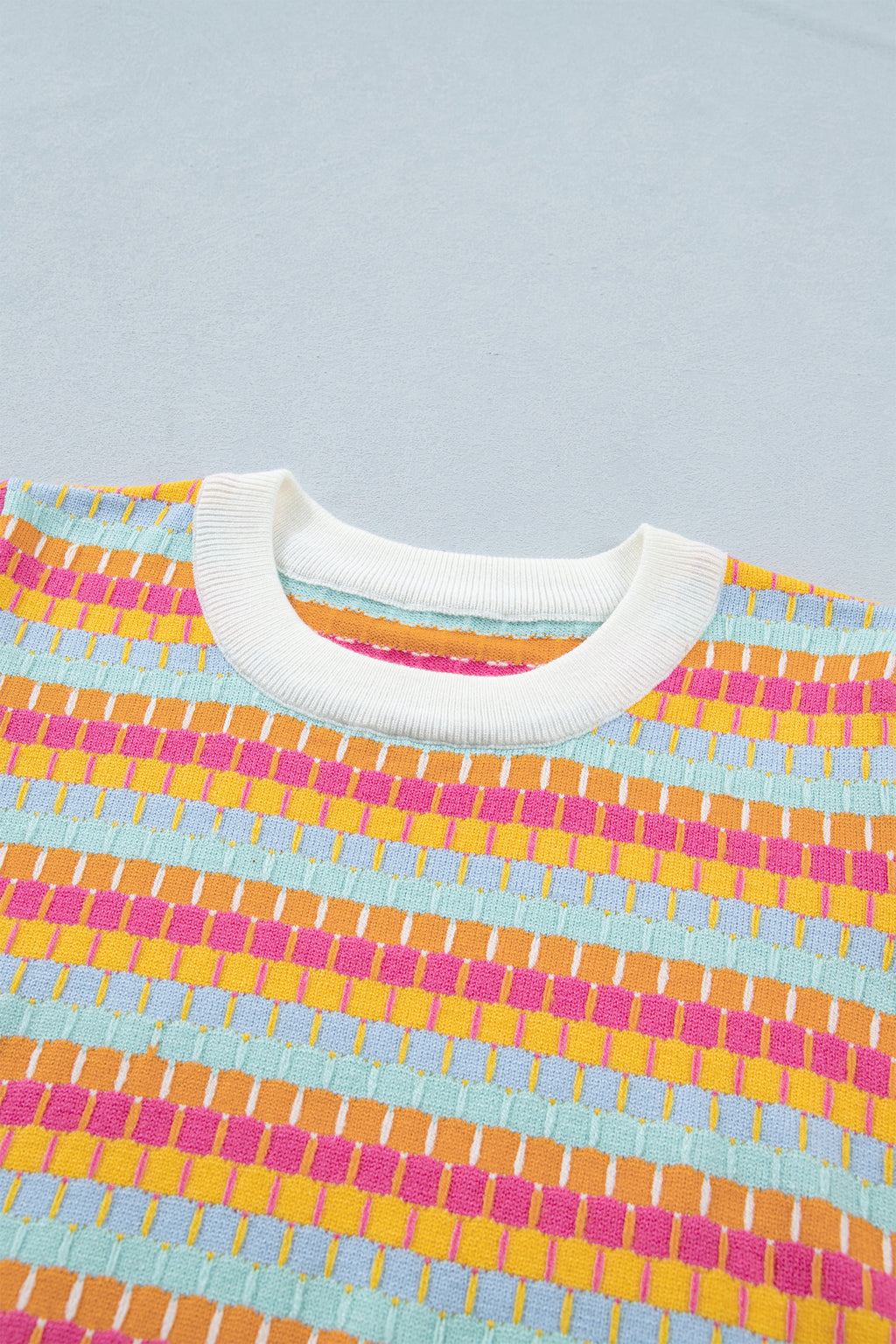 Women's Rose Red Abstract Stripe Knit Short Sleeve Sweater at LivelyLooks